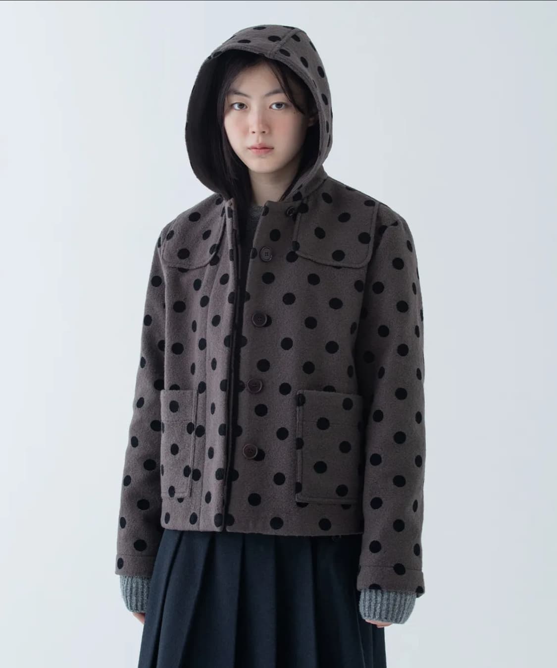 [오헤시오] HOODED HALF COAT, DOT BROWN 상품이미지1