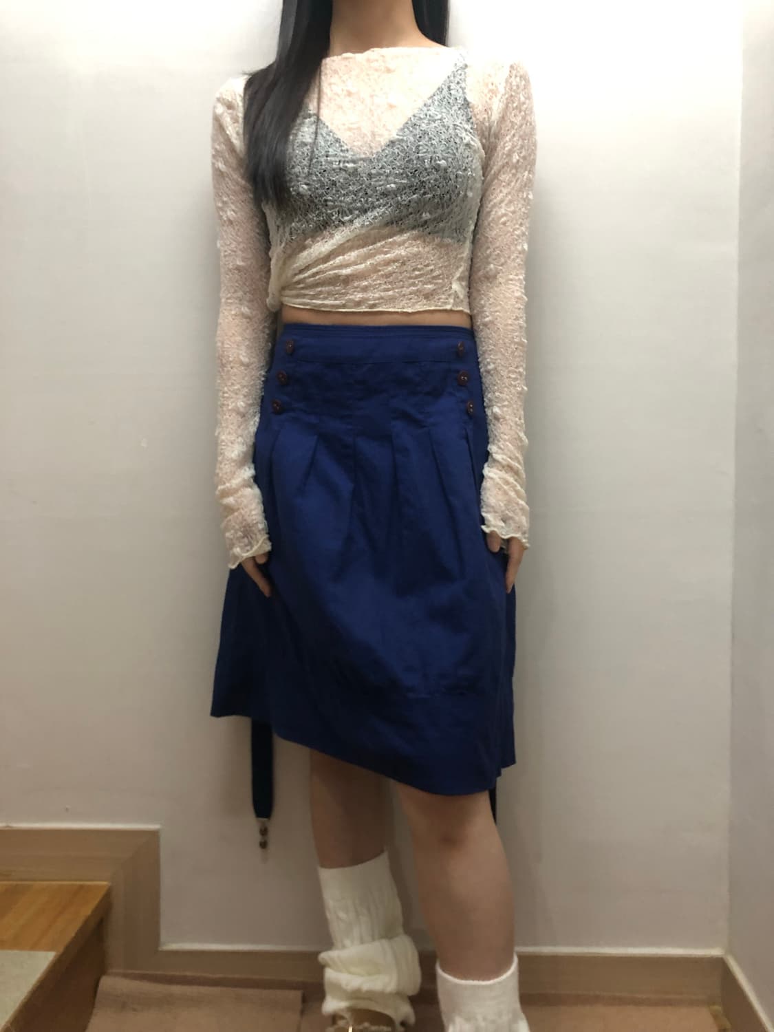 빈티지 블루 벨티드 플리츠 스커트 상품이미지3