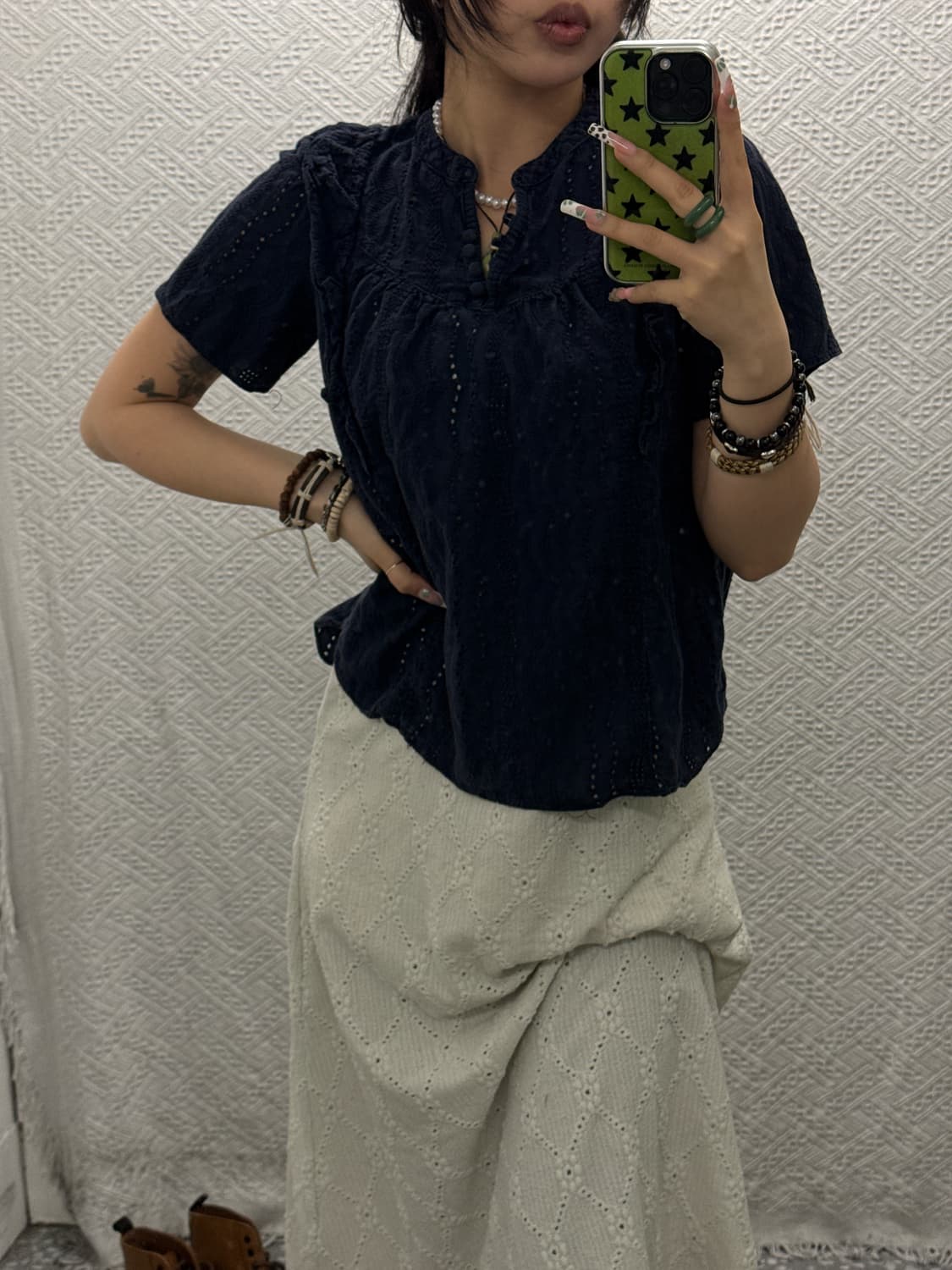 빈티지 고스 모리 펀칭 레이스 프릴 콩버튼 반팔 블라우스 K0150 상품이미지1