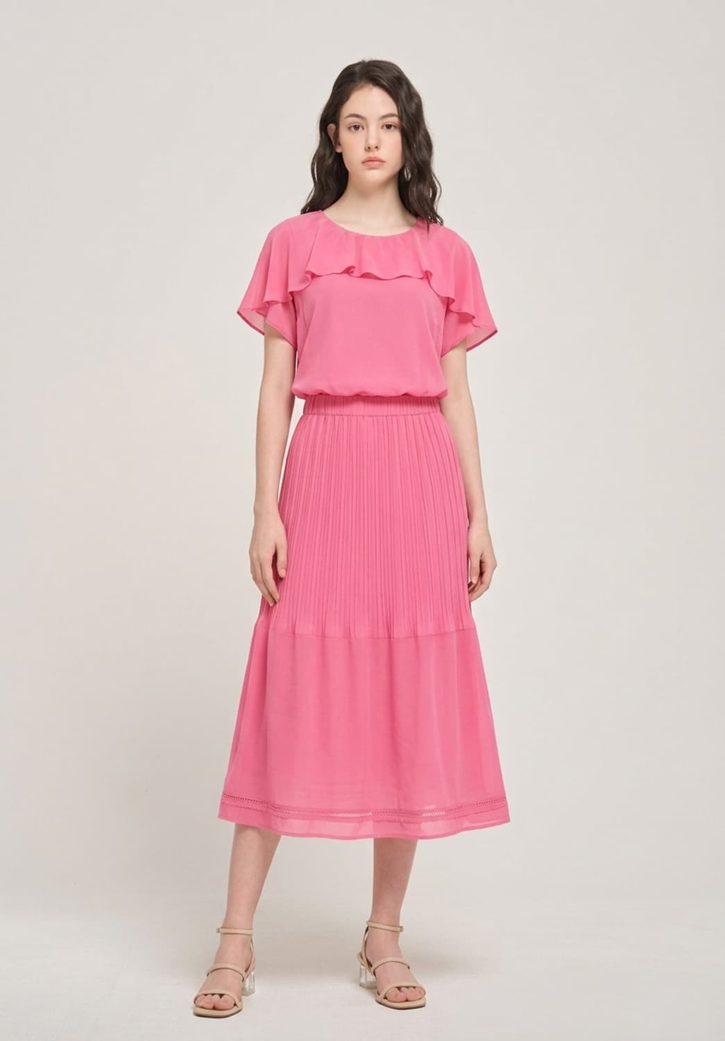 오즈세컨 백플리츠 러플패널 니트셋업 66사이즈 상품이미지1