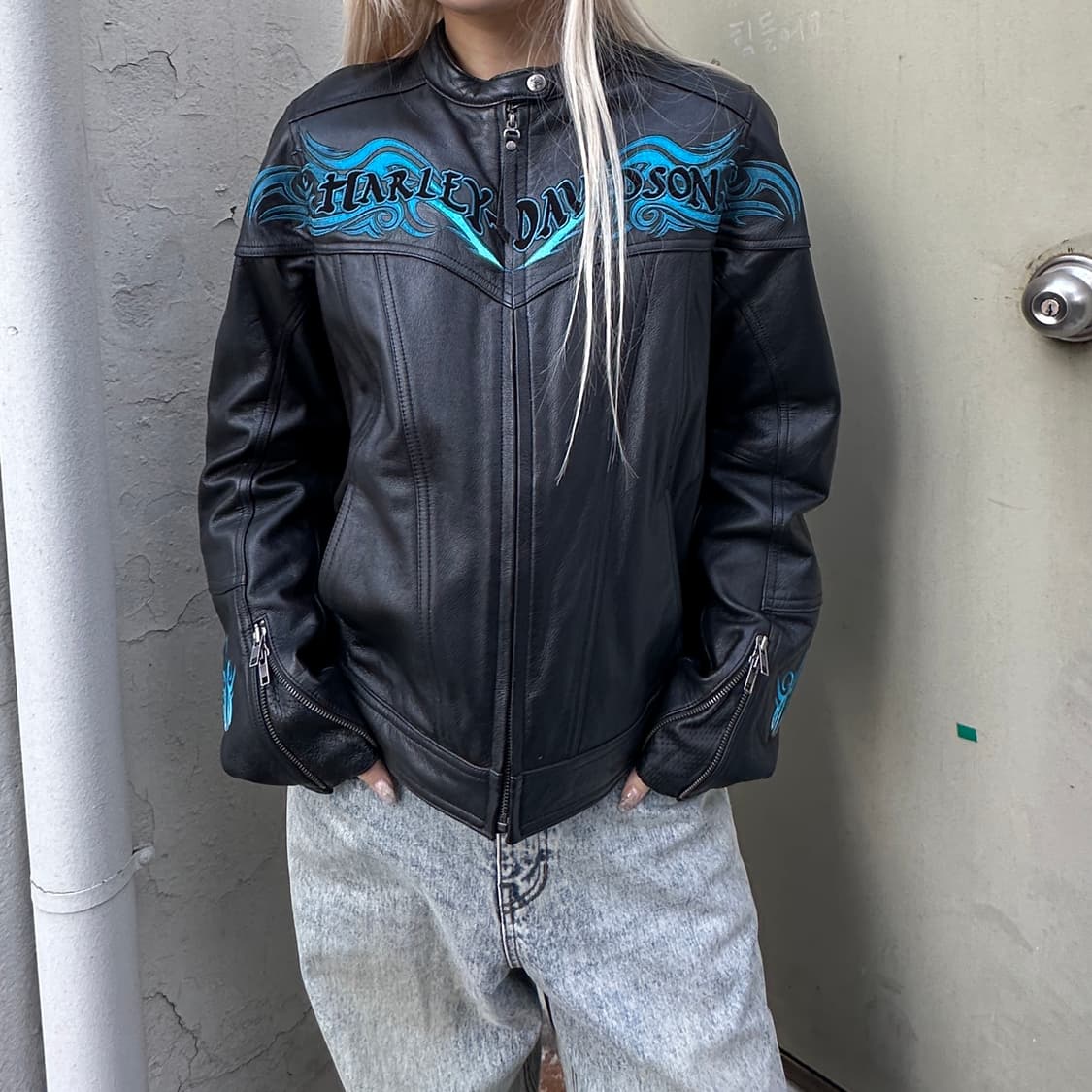 2010년 아카이브 할리 데이비슨 블루 플레임 가죽 자켓 상품이미지7