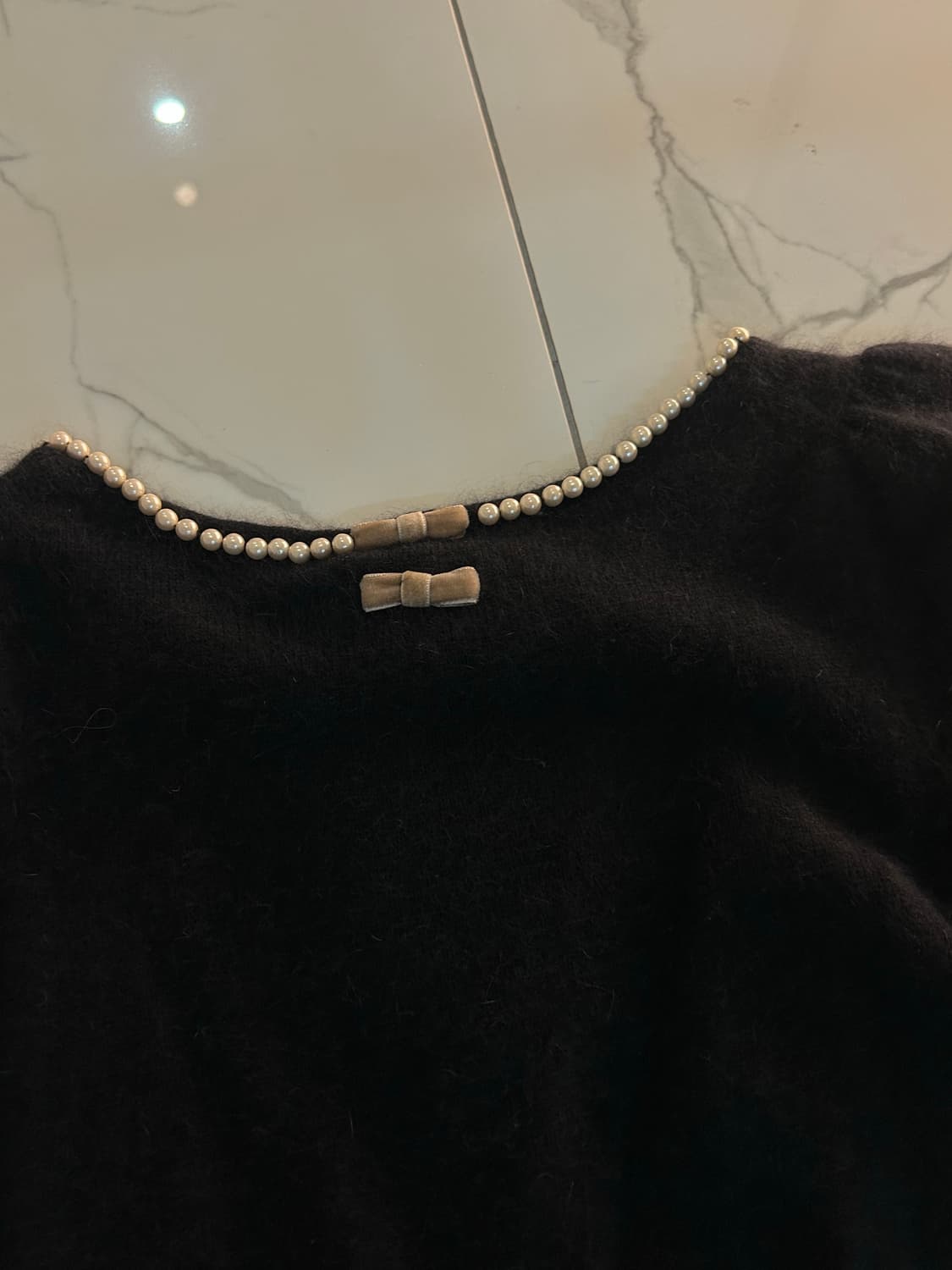 갸루 러블리 진주넥 리본 반팔 블랙 니트 상품이미지5