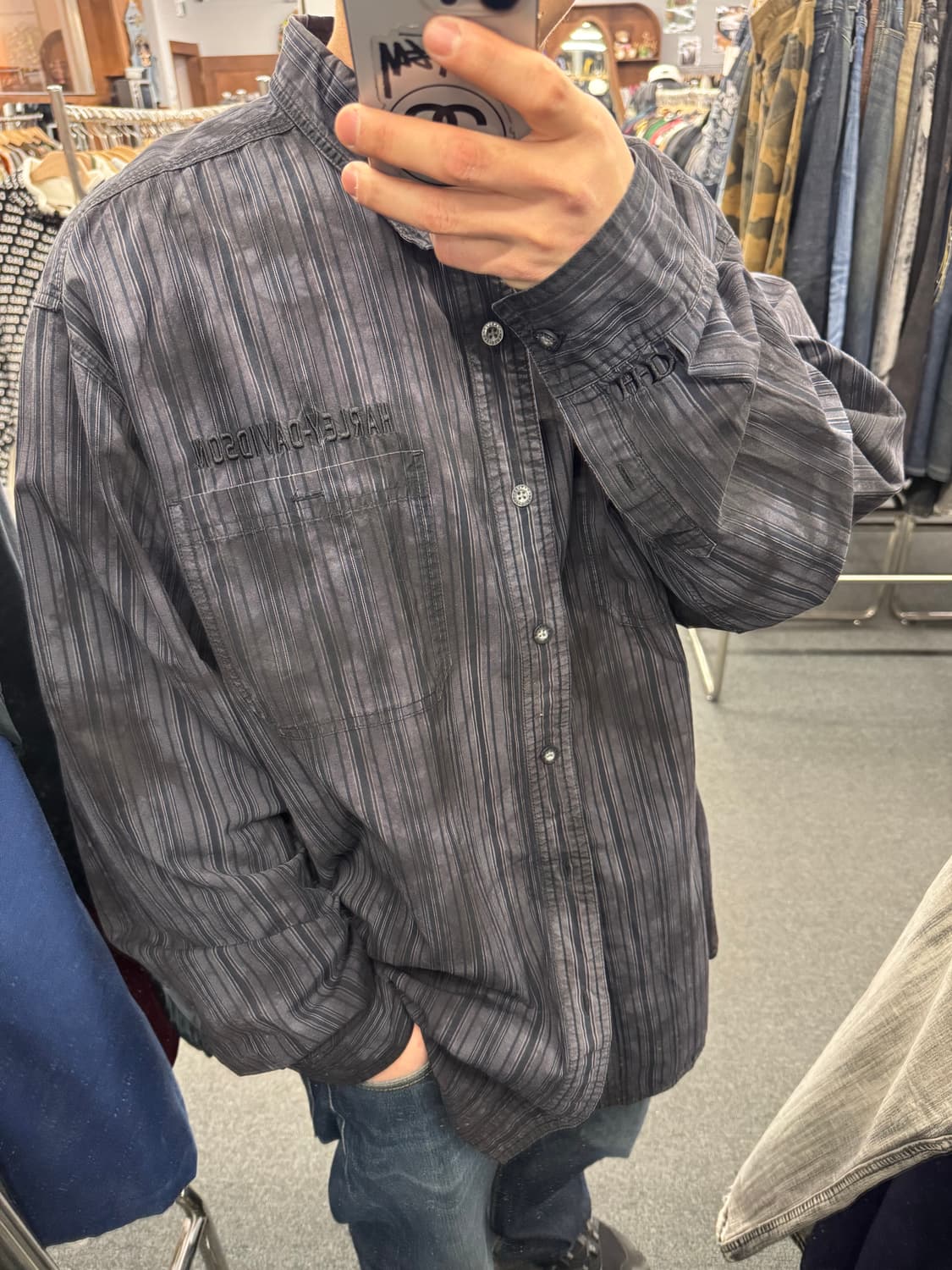 3XL)할리데이비슨 vintage 스트라이프 후면 패치 긴팔셔츠 상품이미지1