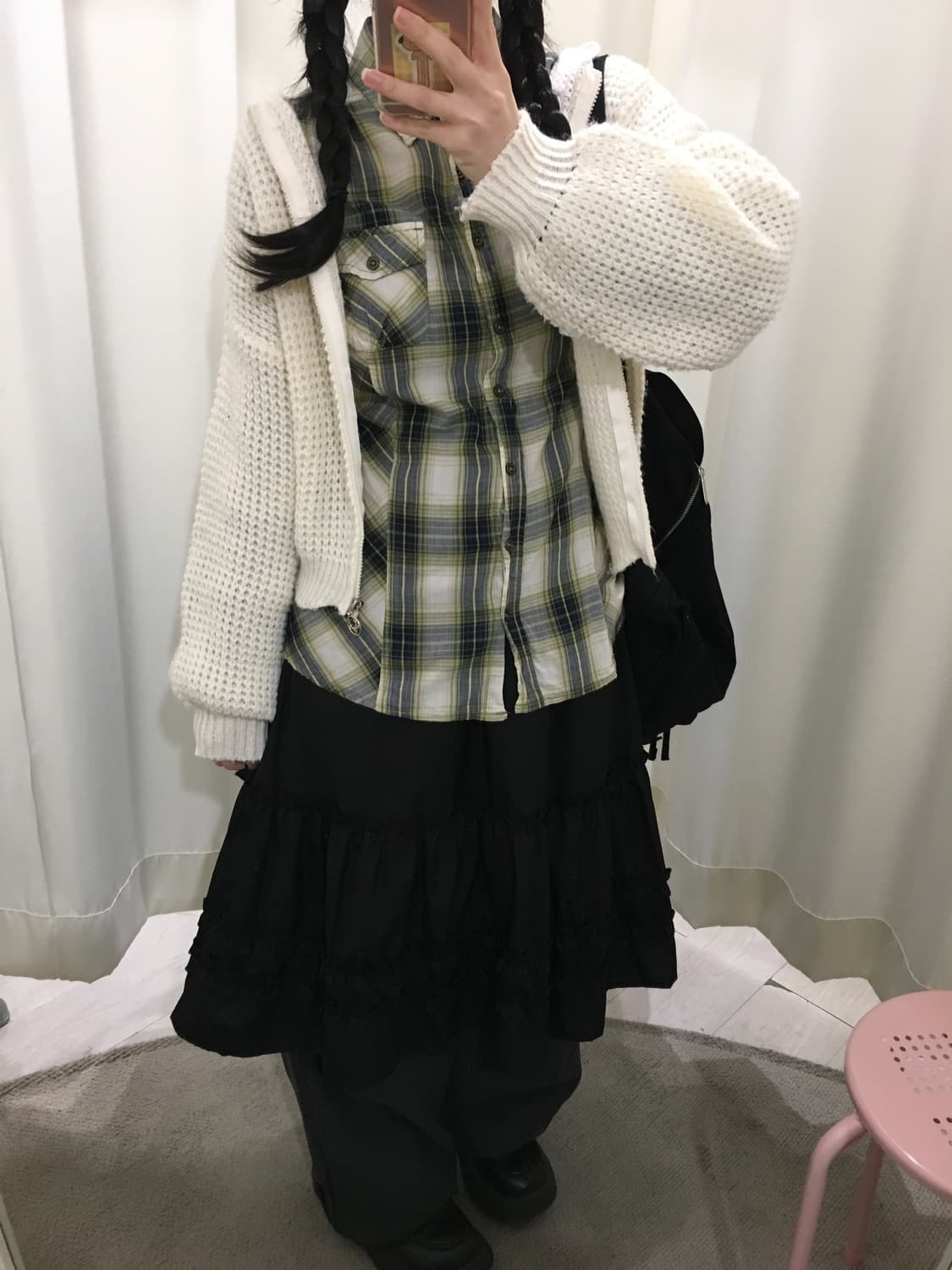 y2k 그린 체크셔츠 / 크롭 니트 후드집업  상품이미지1