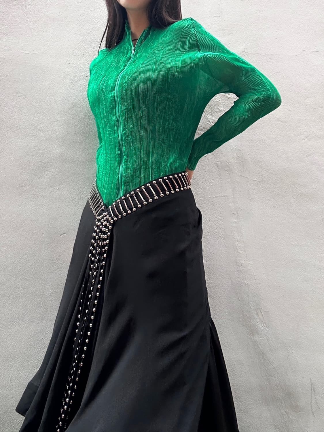 Pleats highneck zip up / green 상품이미지5
