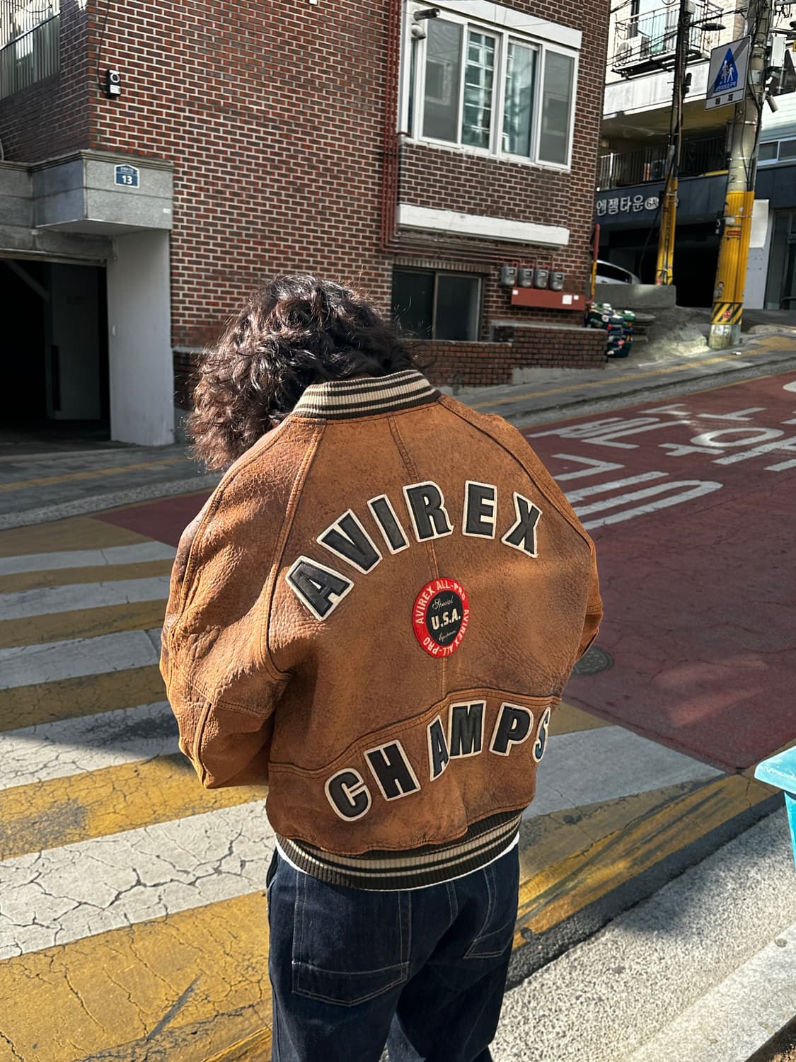 90s Avirex 아비렉스 아이콘 레더 바시티 자켓 브라운 상품이미지1