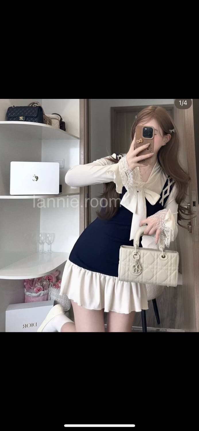 화이트 리본 네이비 원피스 새상품 상품이미지1