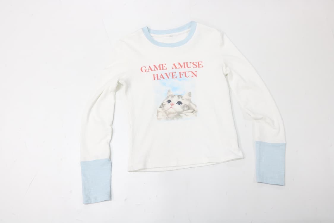 빈티지 캣 프린팅 배색 와플 긴팔 티셔츠 (M) 상품이미지2