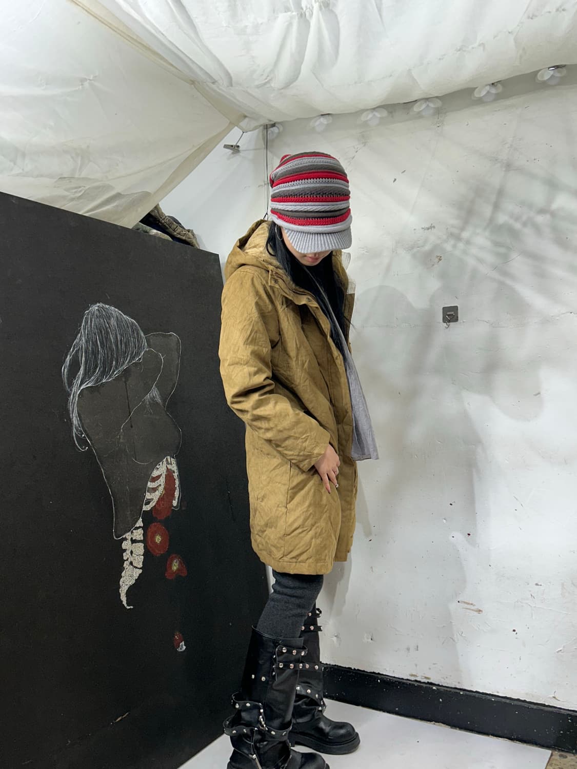 엘엘빈 스웨이드 퀼팅 후드 롱패딩 코트 자켓 S. 상품이미지1