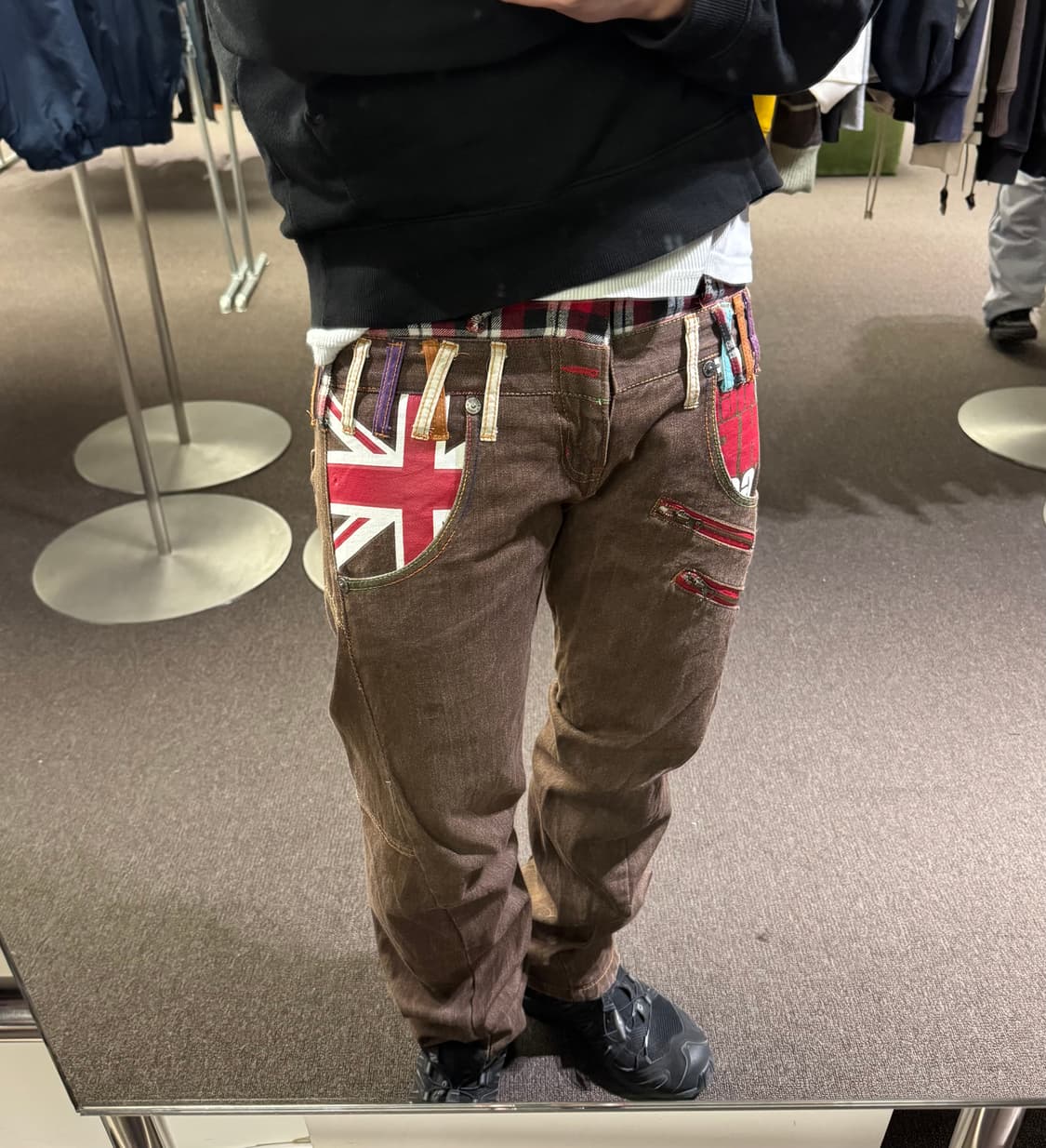 82)Nylaus 빈티지 레이어드 체크패턴 브라운 데님팬츠 상품이미지1