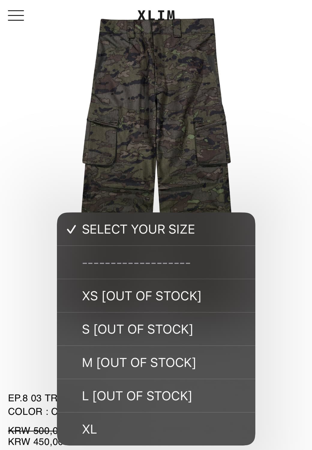 [xs, s 구매] xlim ep8 trousers camo 상품이미지1
