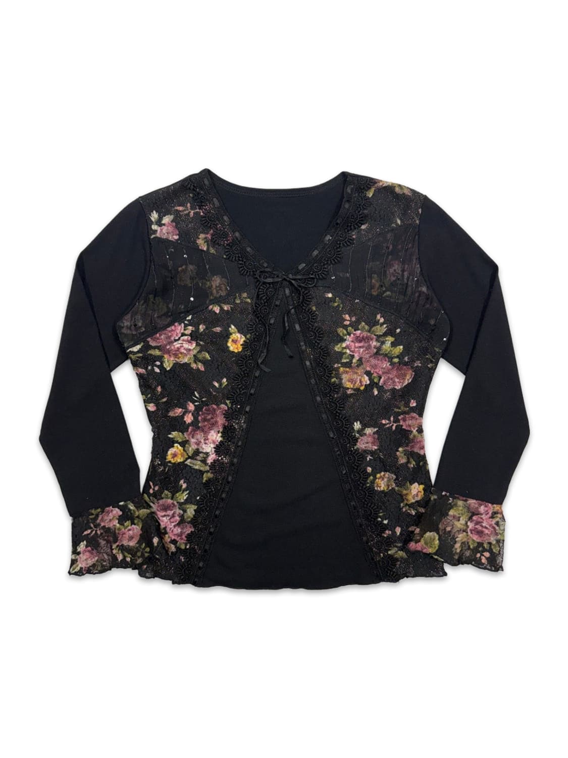빈티지 블랙 시스루 로즈 리본 긴팔 블라우스 상품이미지1