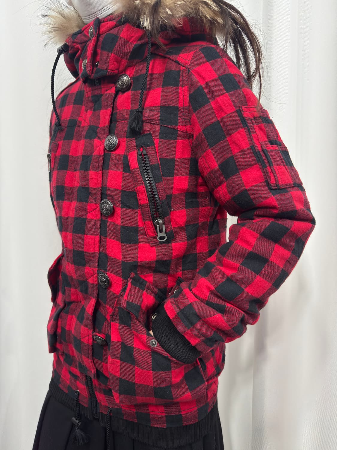 now here red check fur hood jacket 상품이미지5