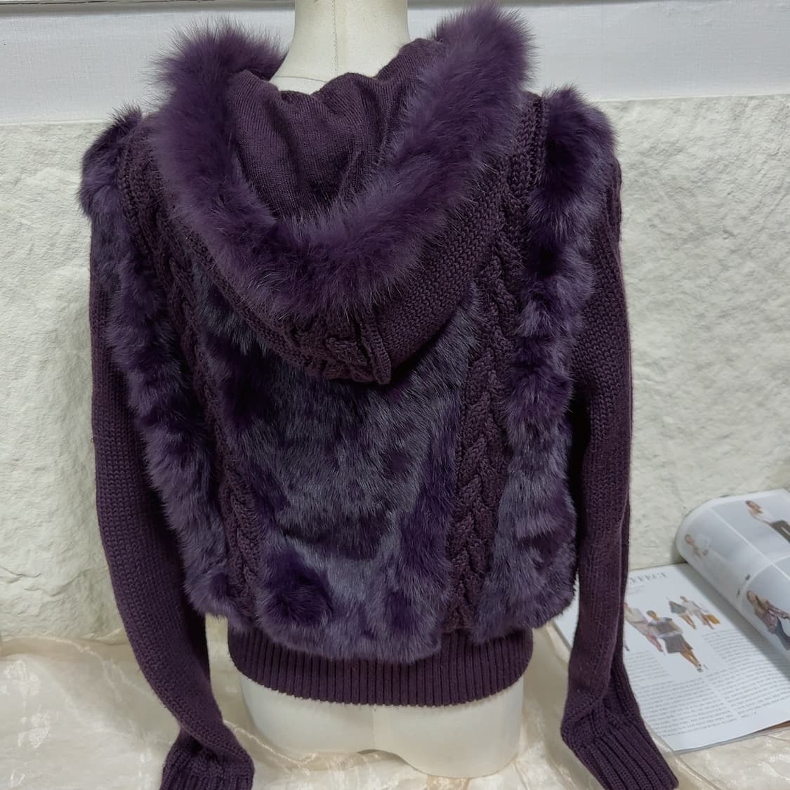 빈티지 다크 나이트 퍼플 여우털후드 토끼털 꽈배기 니트자켓 후드집업 상품이미지4