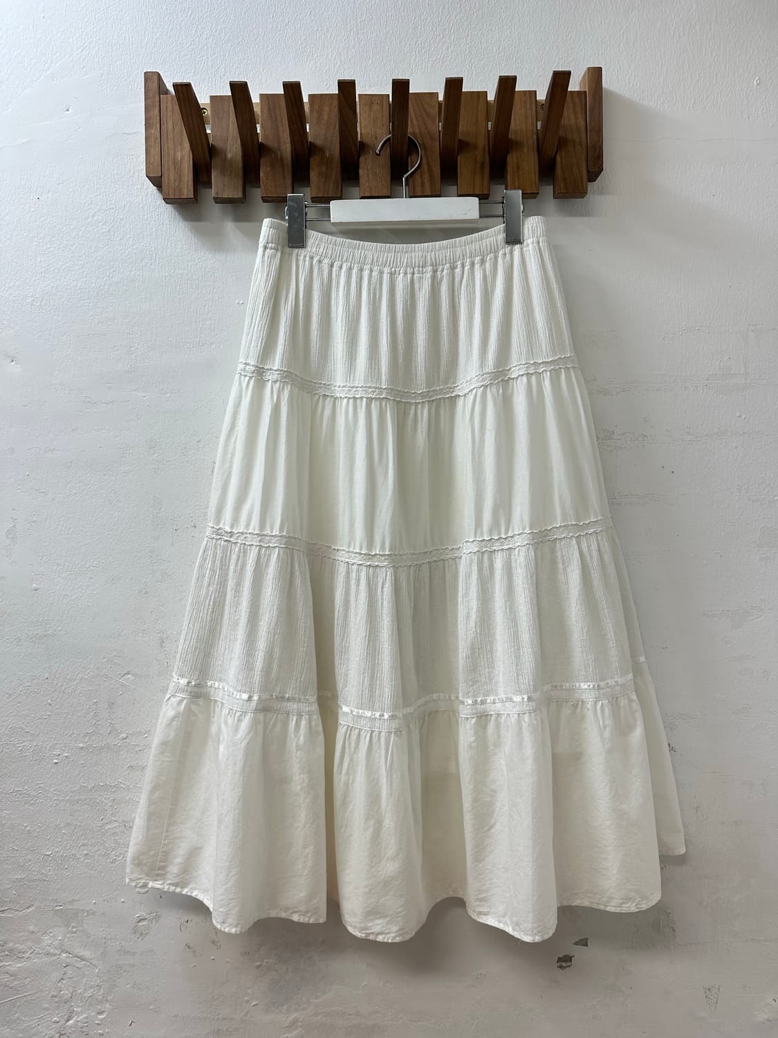 일본빈티지 코튼100% 화이트 레이스 디테일 티어드 밴딩 롱 스커트 상품이미지1