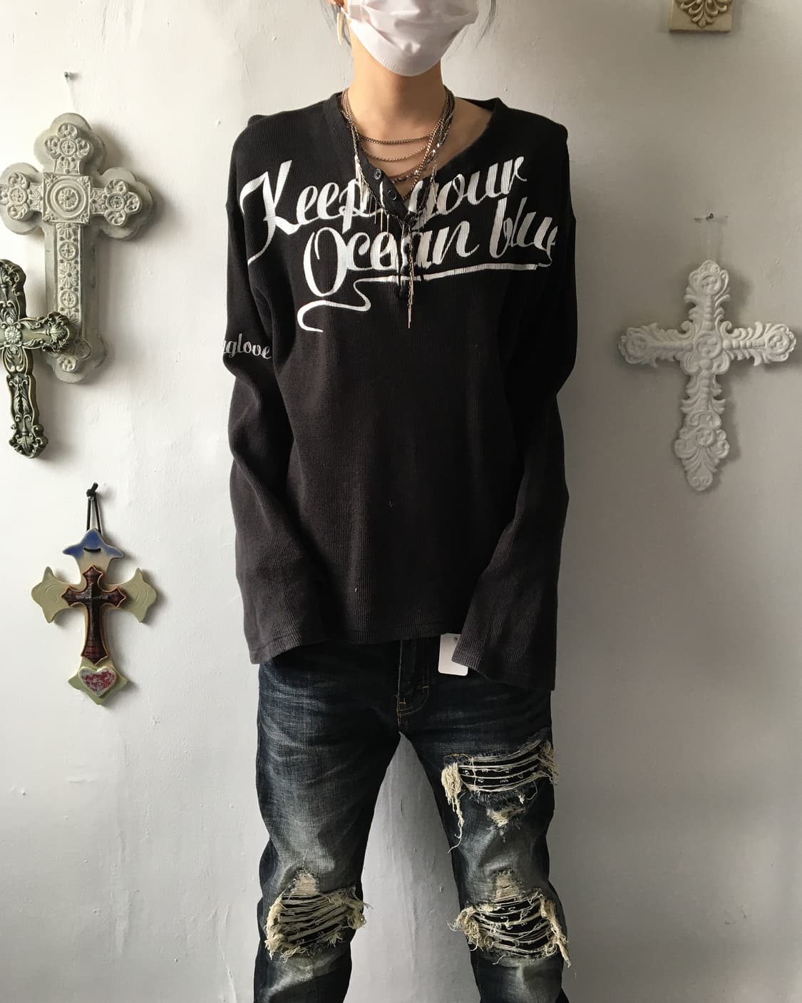 Lettering printing Henry neck waffle sle 상품이미지1