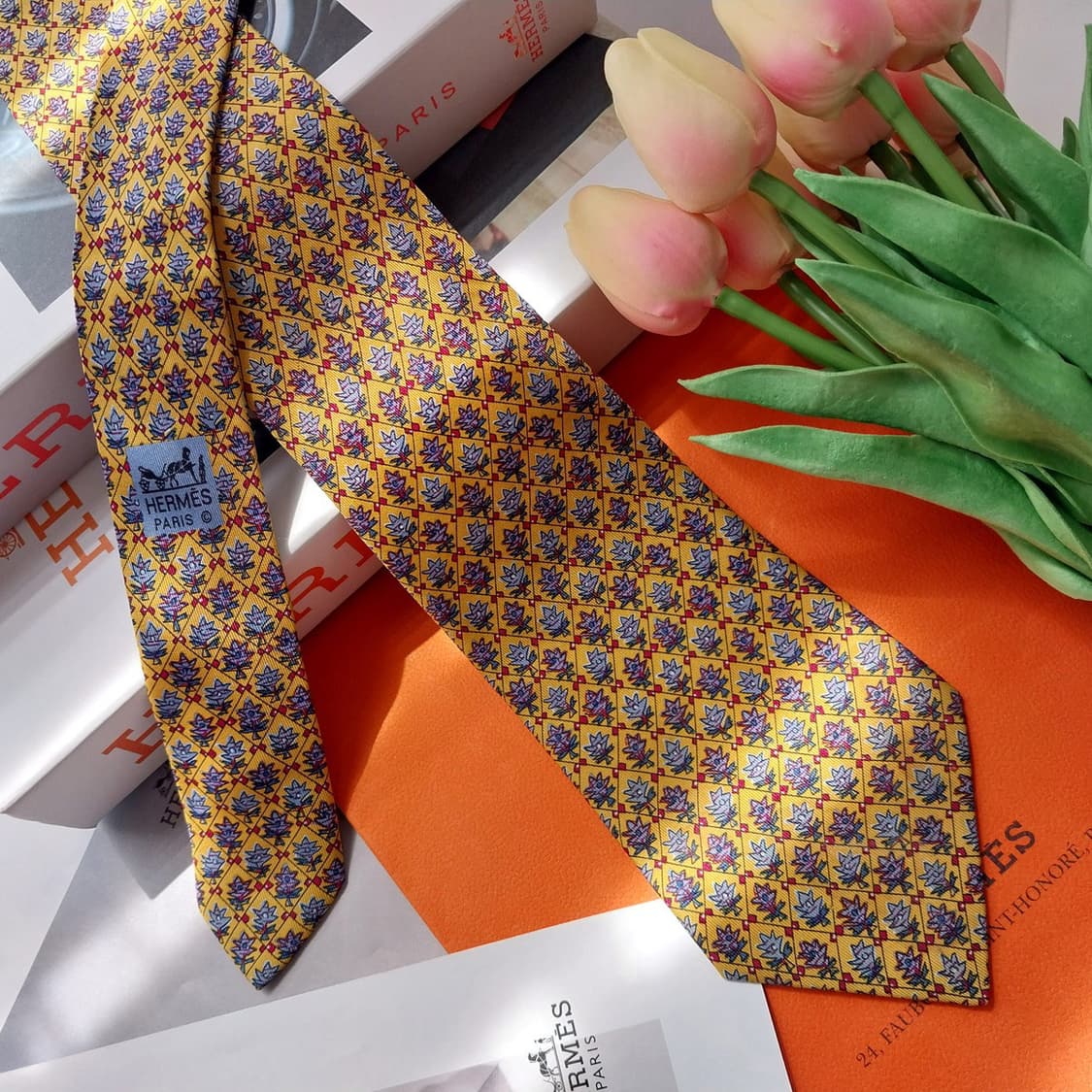 에르메스 머스타드 트리 패턴 넥타이 9.2cm B등급 K2590 상품이미지3