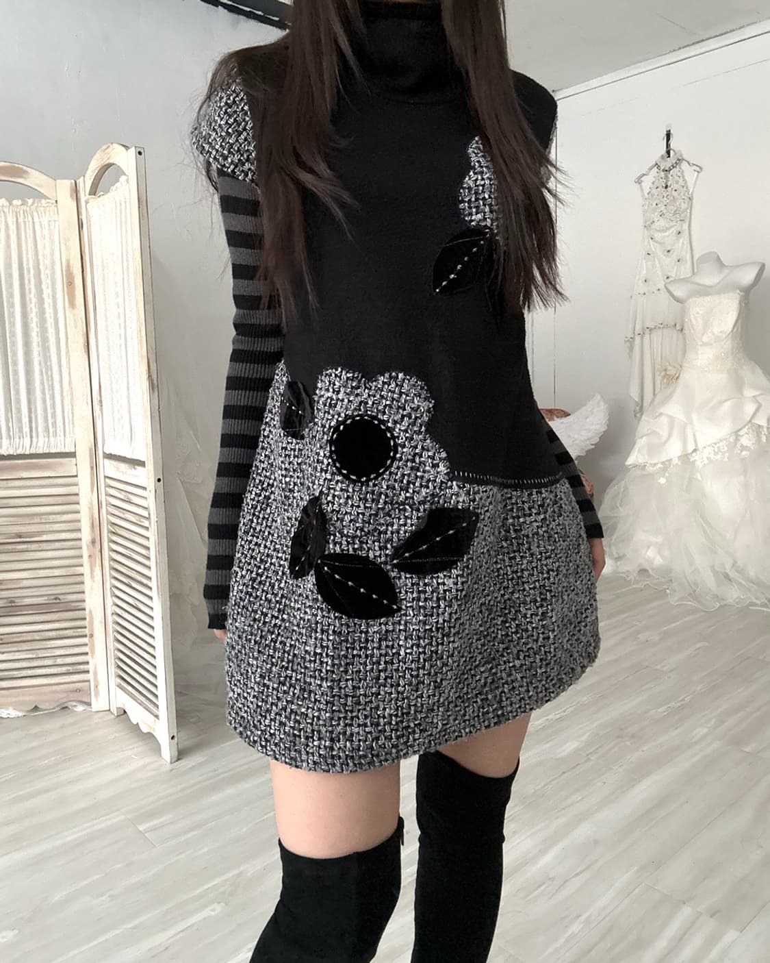 Nerd feminine black flower point dress 상품이미지8