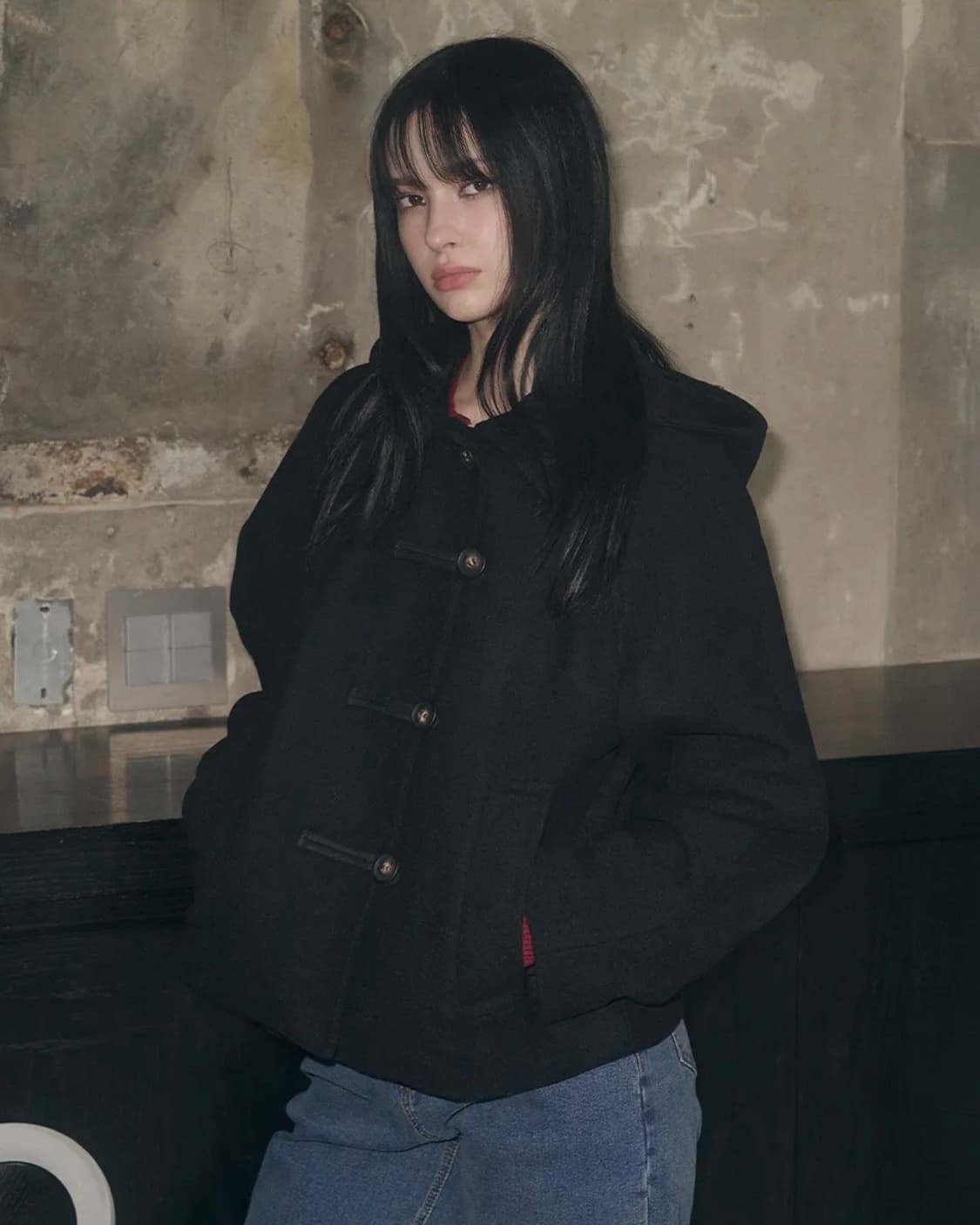 레더리 캐시미어 멜톤 더플 후디 숏 코트 블랙 상품이미지2