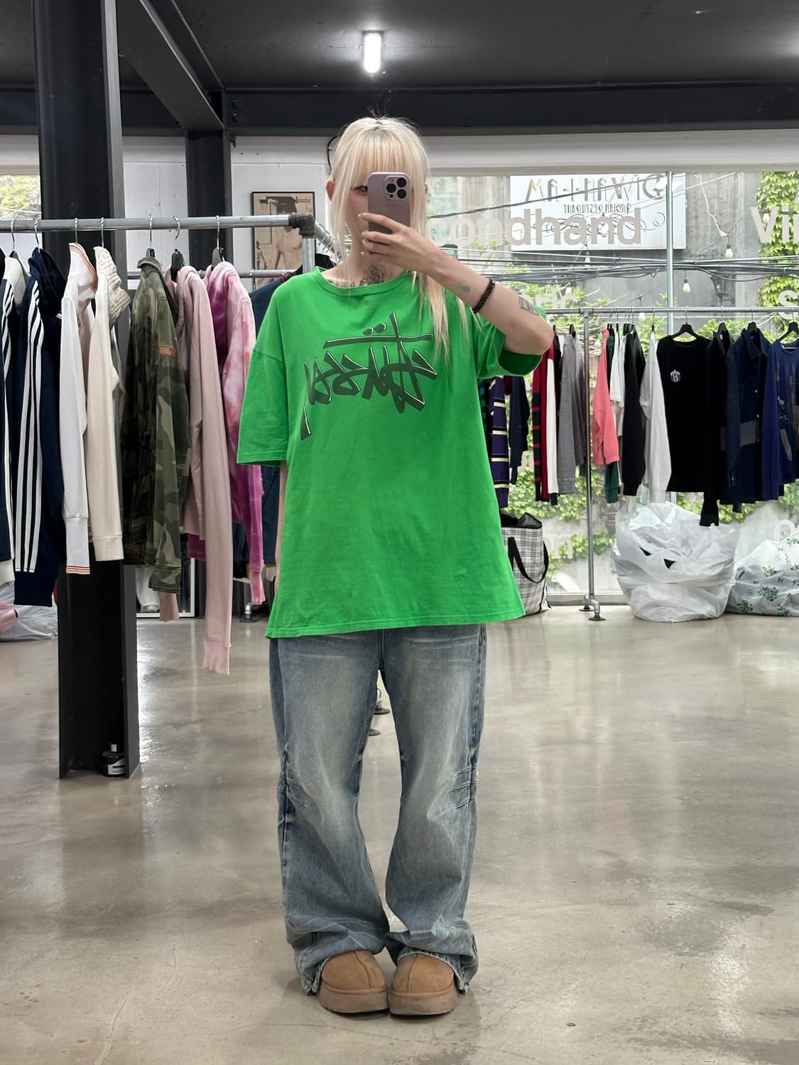 스투시 00,s 스탁 빅로고 그린 반팔 티셔츠 상품이미지3