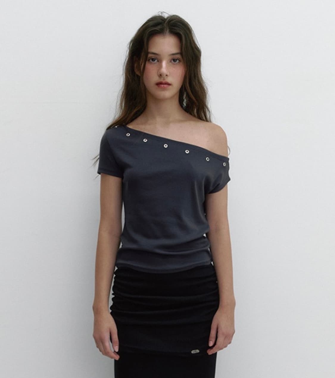 아수라 아일렛 원숄더 티셔츠 네이비 상품이미지1