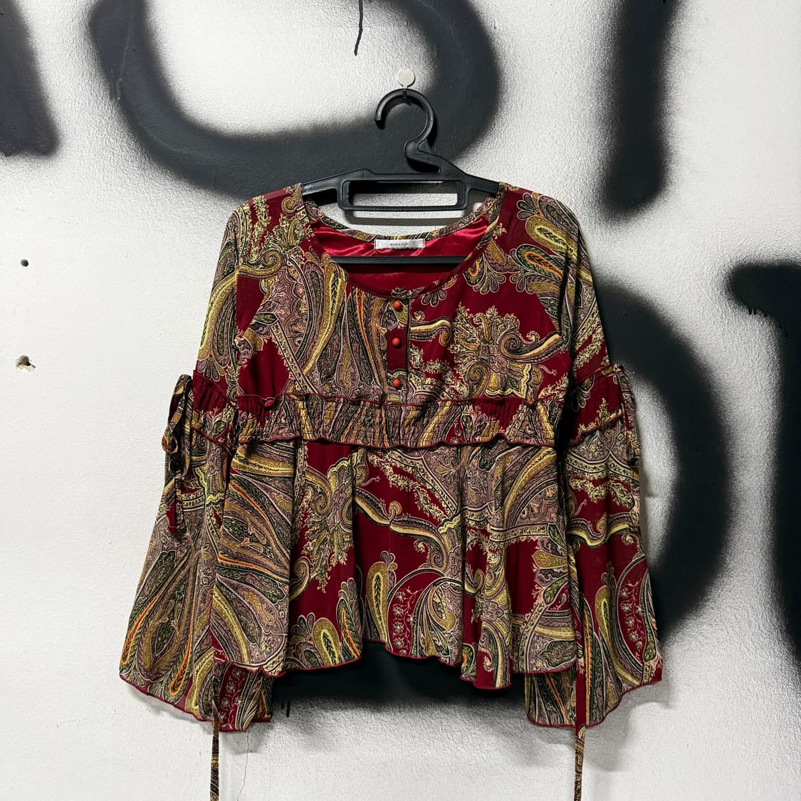 VTG 빈티지 셔링 러플 페이즐리 퍼프 슬리브 크롭 블라우스 탑 상품이미지1