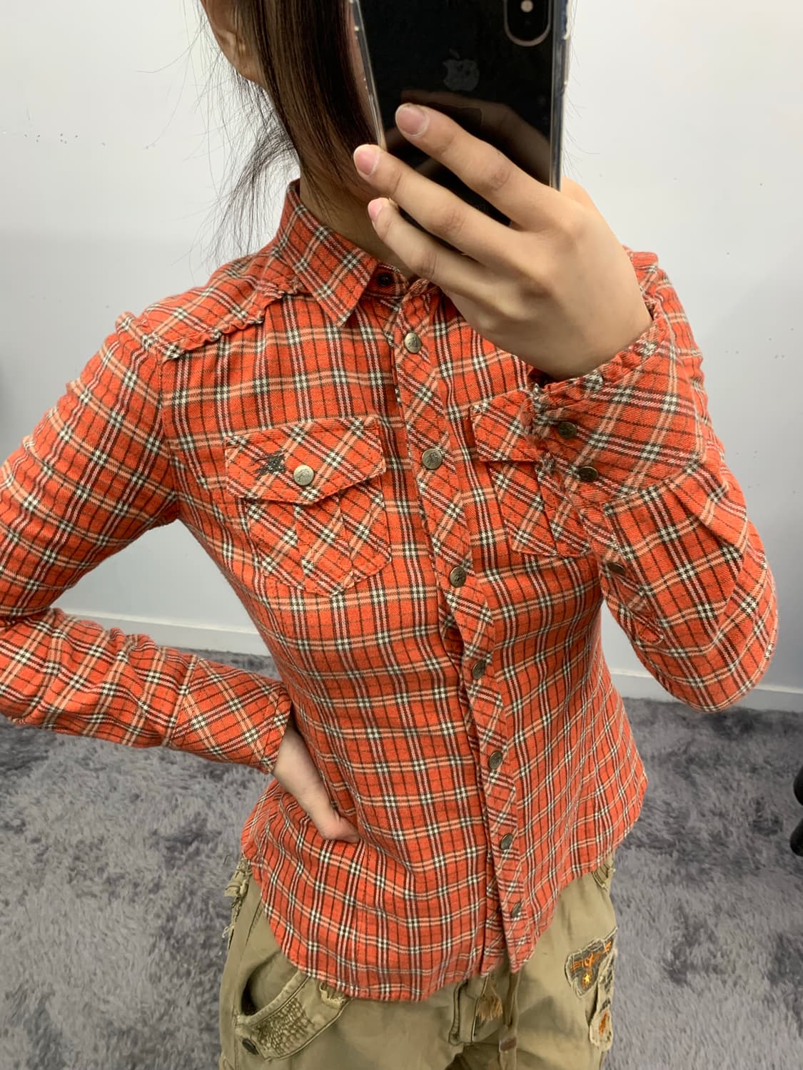 버버리 블루라벨 오렌지 프릴 체크셔츠 상품이미지1