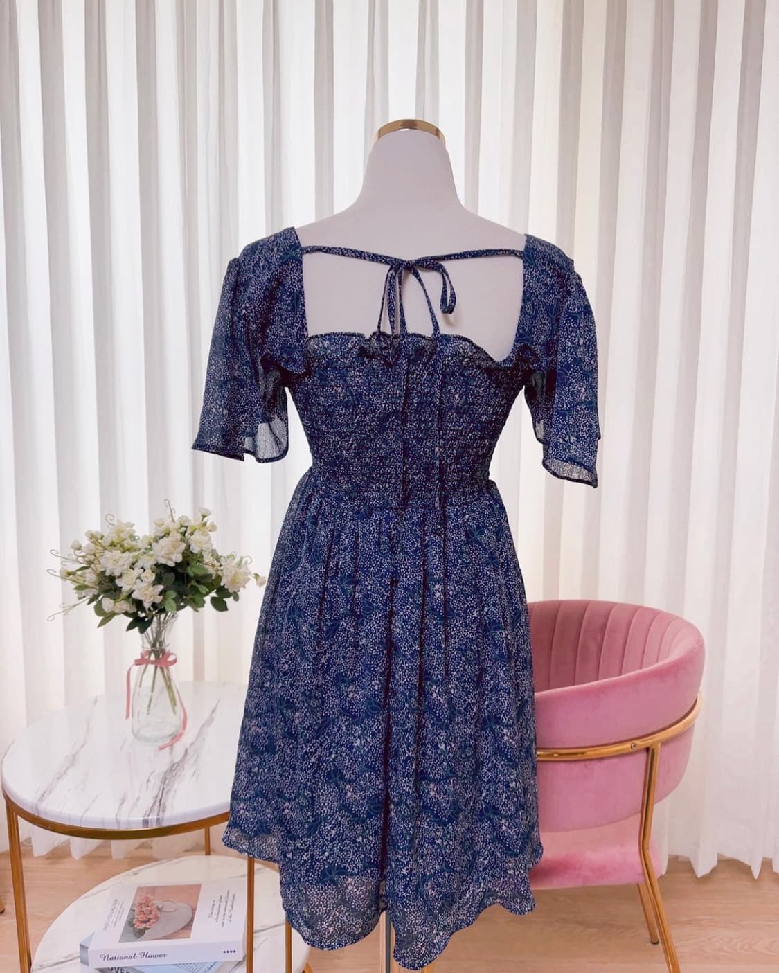 스퀘어넥 스모크 뒷리본 프릴 퍼프 원피스 상품이미지6