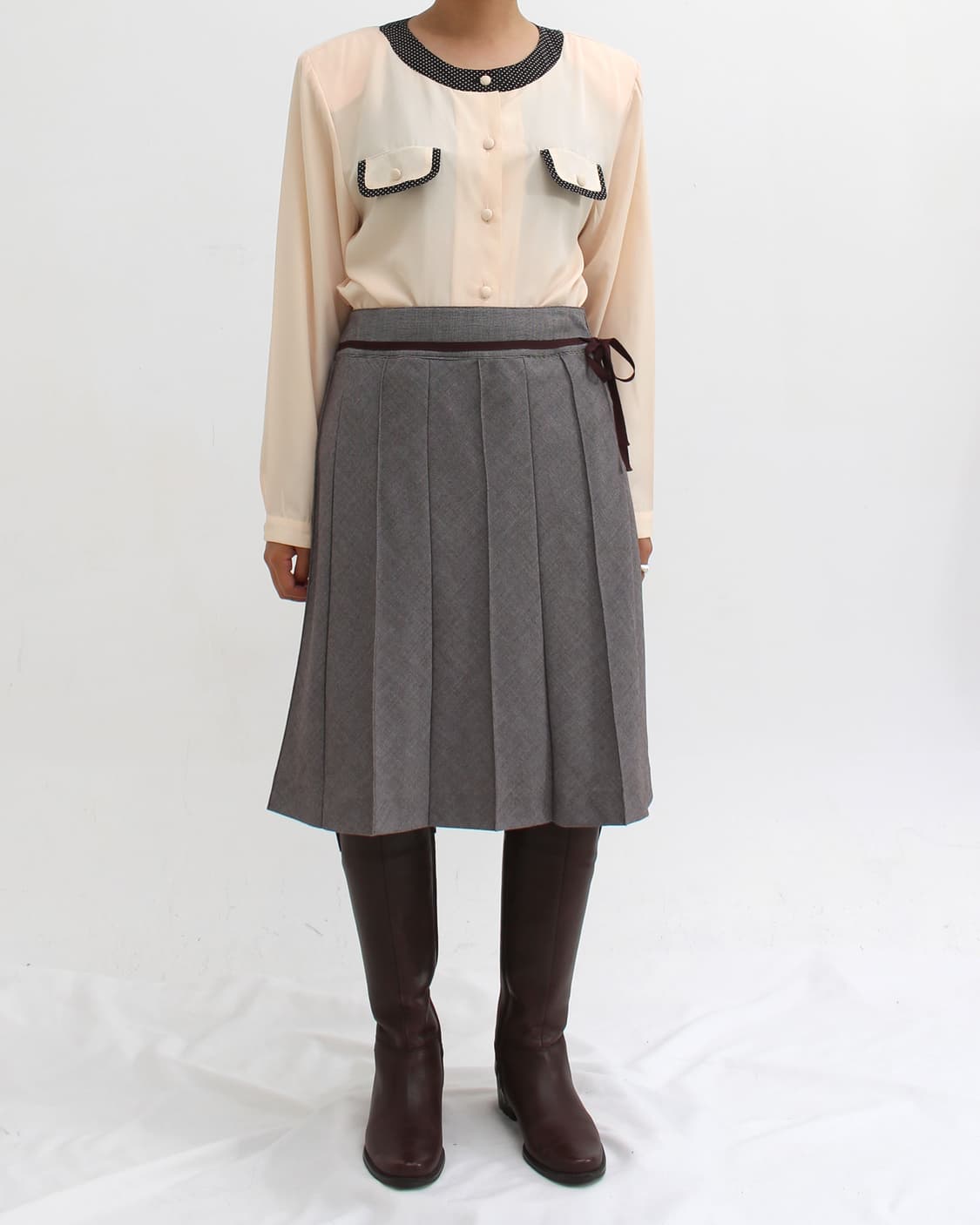 일본 빈티지 도트 배색 베이지 라운드 포켓 블라우스 상품이미지7