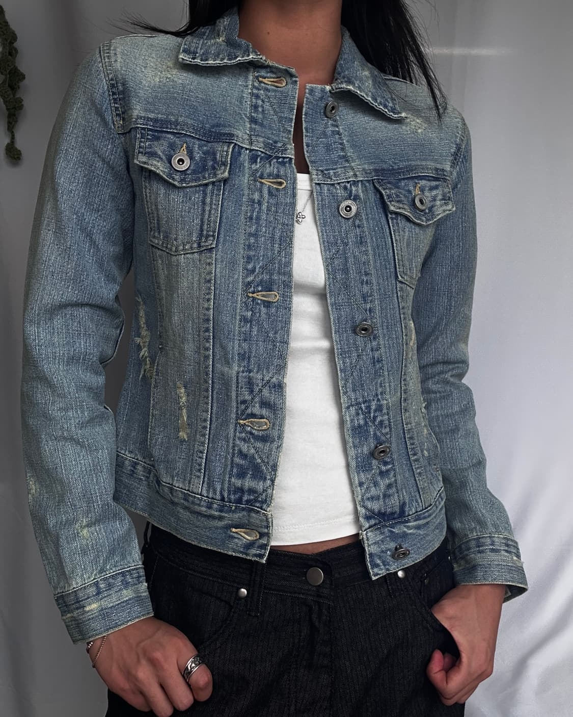 빈티지 화이트펄 데미지드 연청 데님자켓 상품이미지1