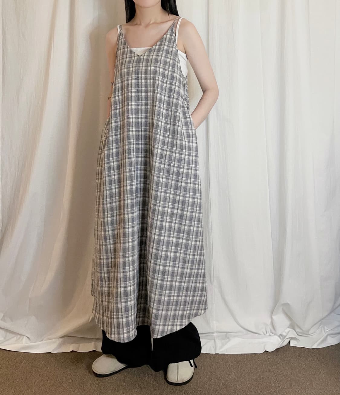 Strap Check Slip Dress - Melange Gray 상품이미지2
