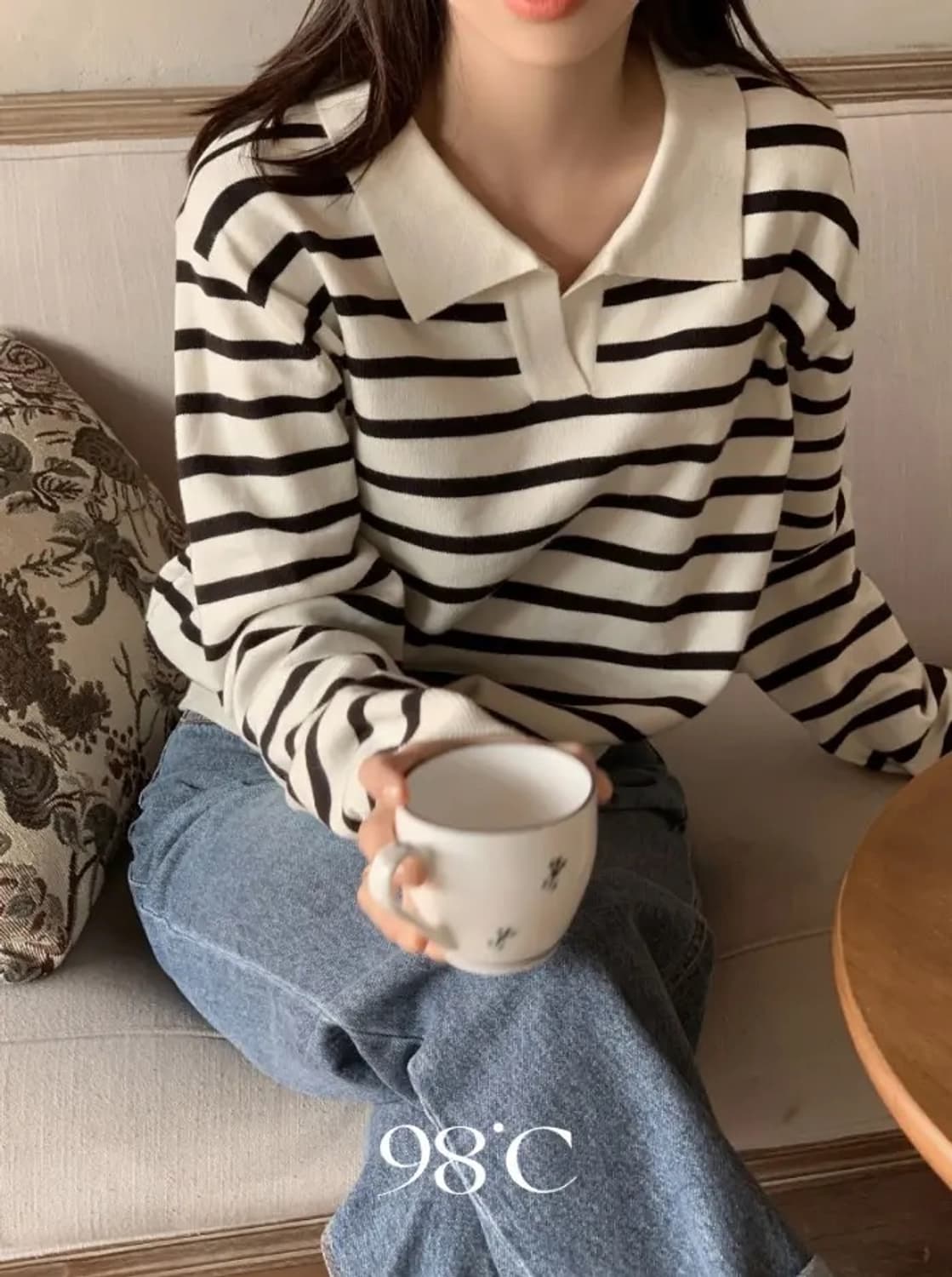 (미착용) 98도씨 멜로우 스트라이프 카라 니트 봄 가을옷 상품이미지1