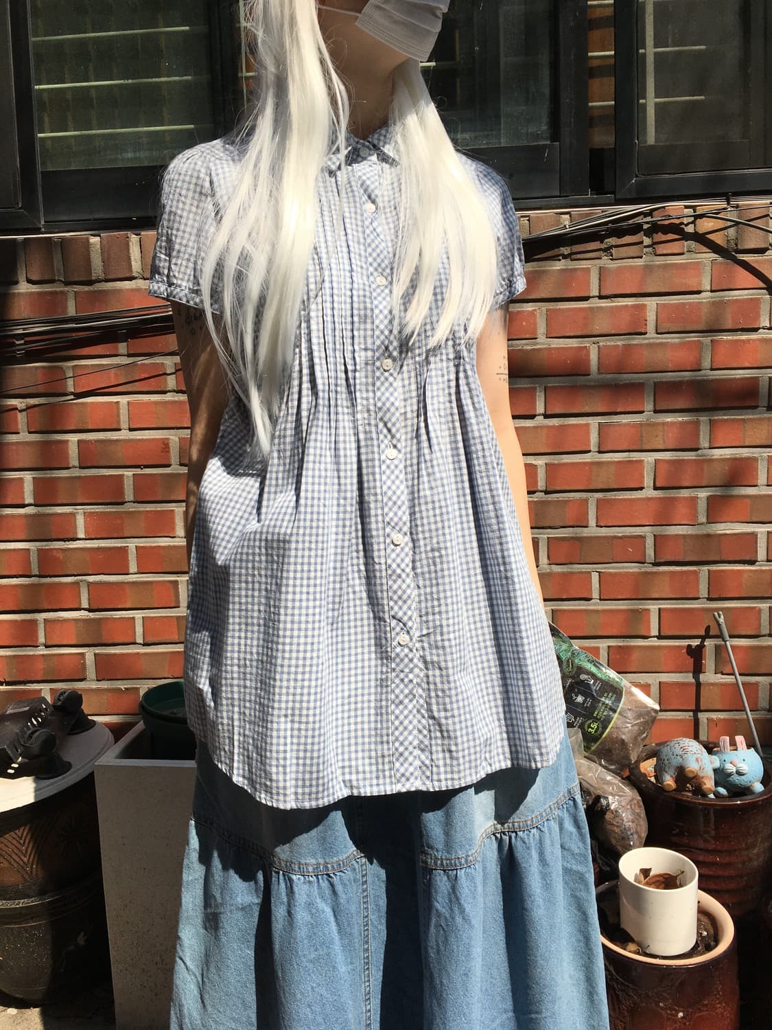 블루 깅엄 체크 셔츠 & 데님 롱 스커트 세트 상품이미지1