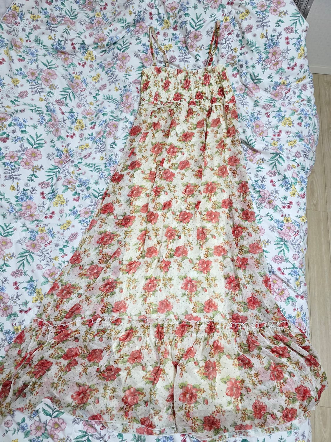 일본빈티지)플로럴 장미 도트 스즈코모리걸히메갸루 쉬폰 밴딩스모크 롱원피스 상품이미지1