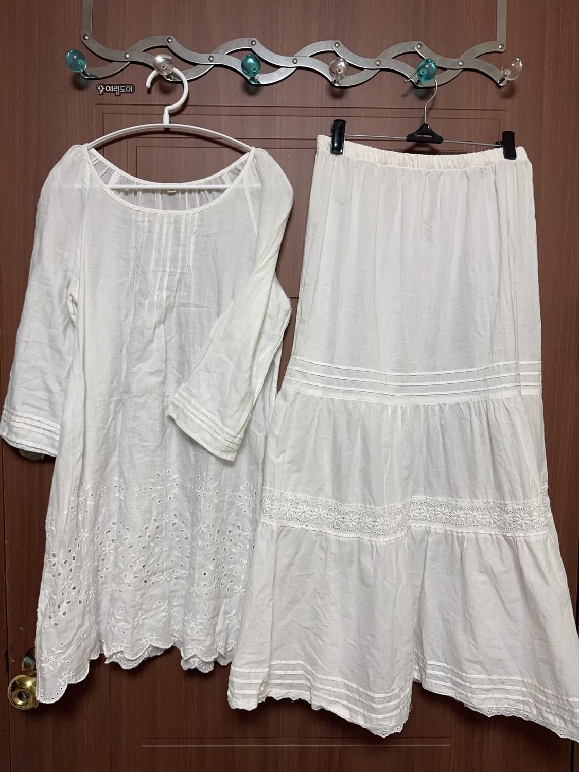 모리걸 하구미 아오이유우 빈티지 화이트 레이스 펀칭 롱 스커트 블라우스 상품이미지1