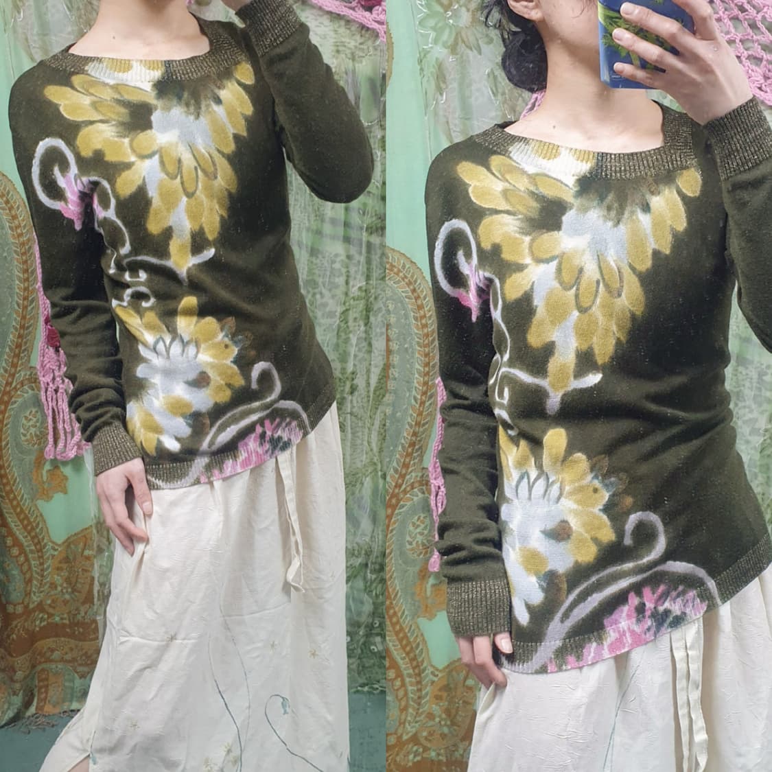 언발 넥 메탈릭 플라워 니트 스웨터 카키 상품이미지1