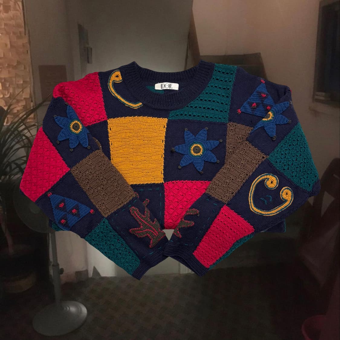 일본 빈티지 울100 뜨개 모티브 아플리케 패치워크 니트 상품이미지1