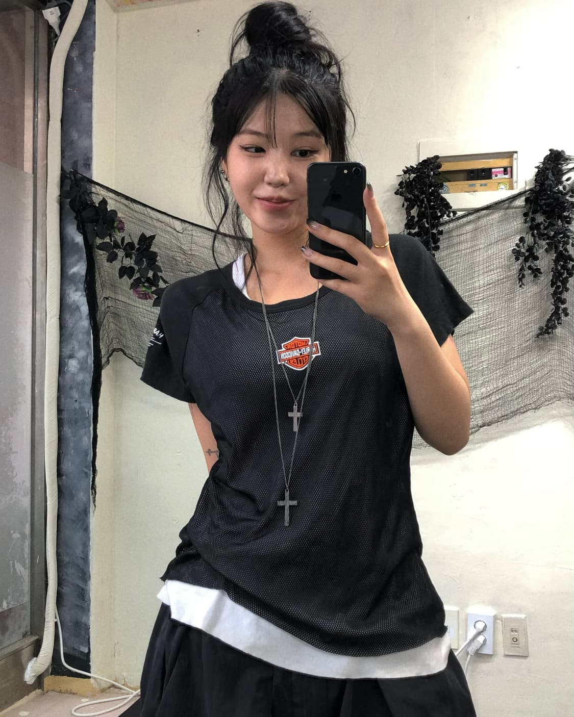 할리데이비슨 블랙 화이트 레이어드 매쉬 반팔 탑 상품이미지1