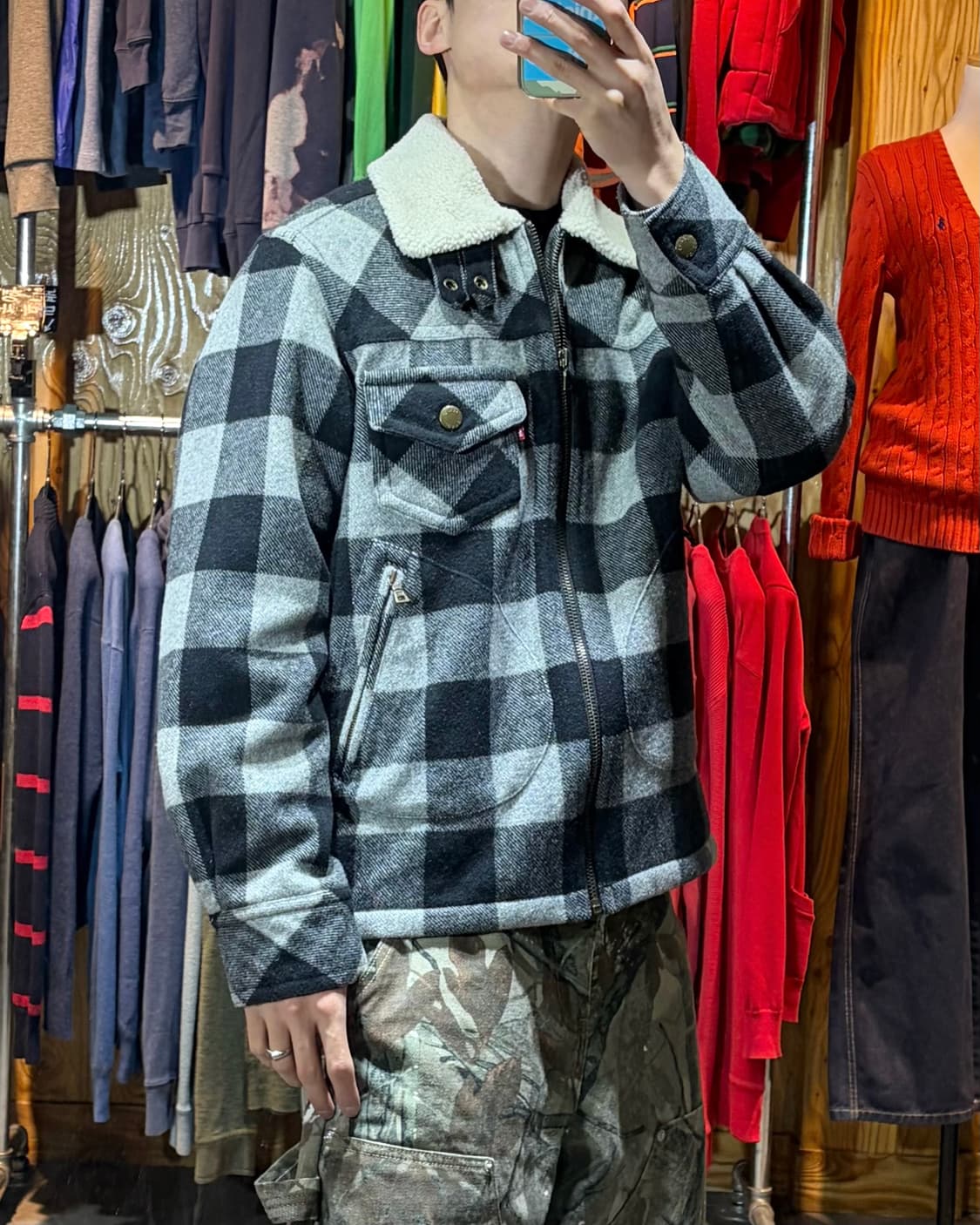 L 리바이스 버튼카라 원포켓 체크 쉐르파 울 자켓 상품이미지1