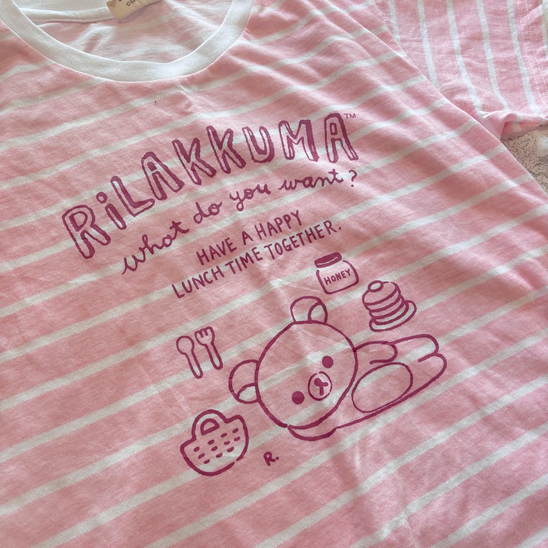 리락쿠마 핑크 딸기우유 스트라이프 반팔티 모리걸 상품이미지1