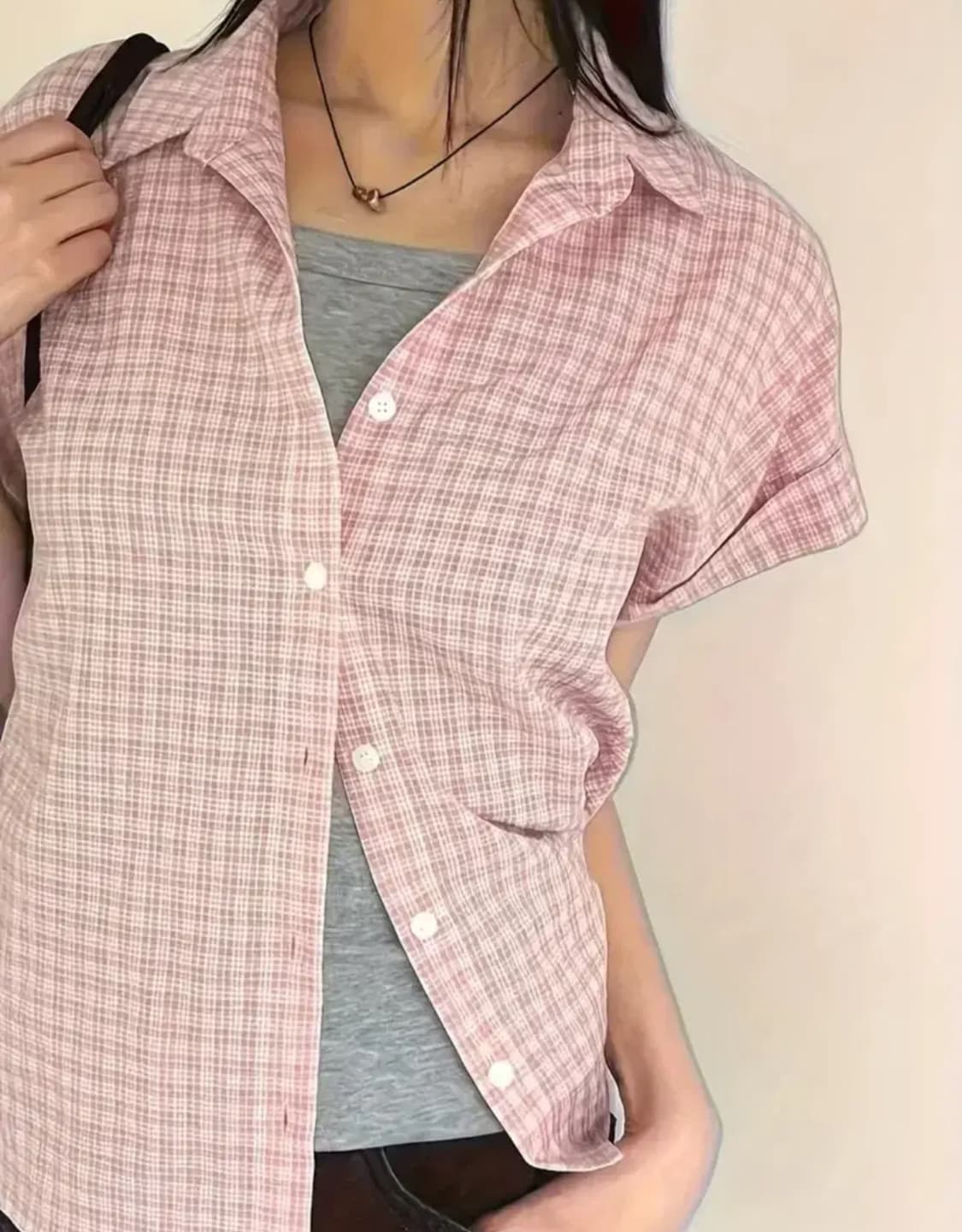 핑크 체크 반팔 셔츠 블라우스 상품이미지1