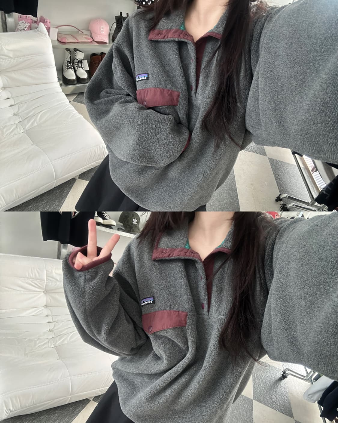 파타고니아 신칠라 그레이/버건디 스냅 플리스 상품이미지4