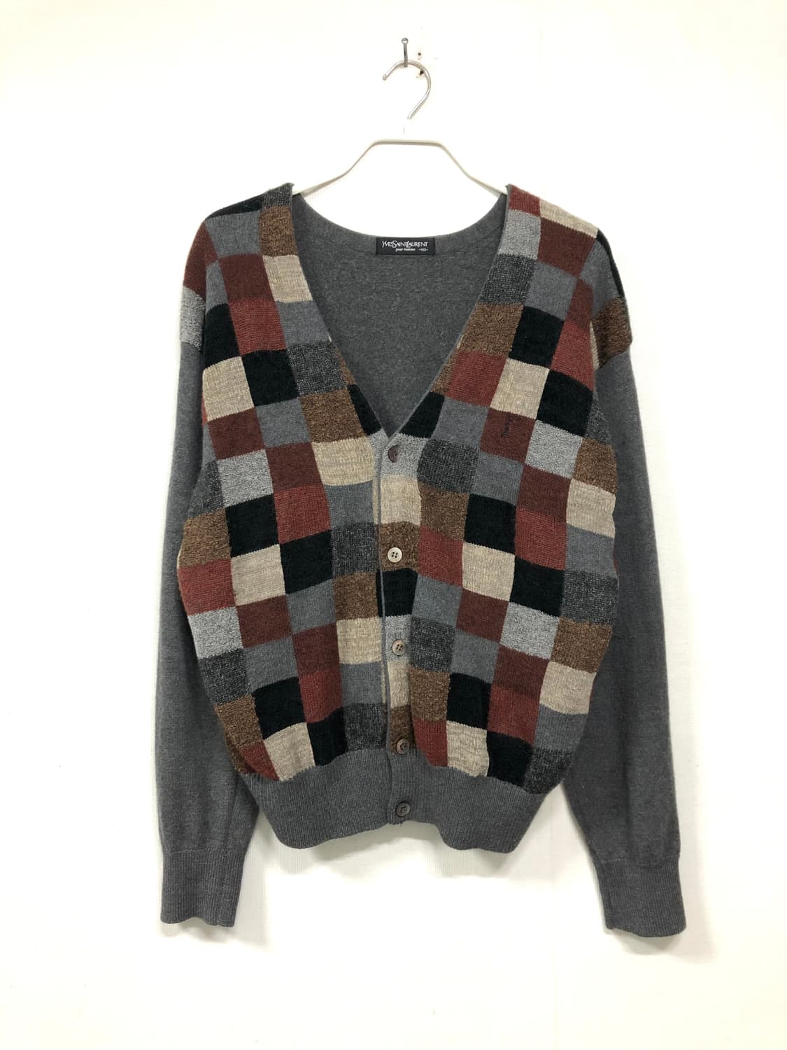 YSL 입생로랑 여성 체커블록 울 브이넥 가디건 _ 차콜 상품이미지1