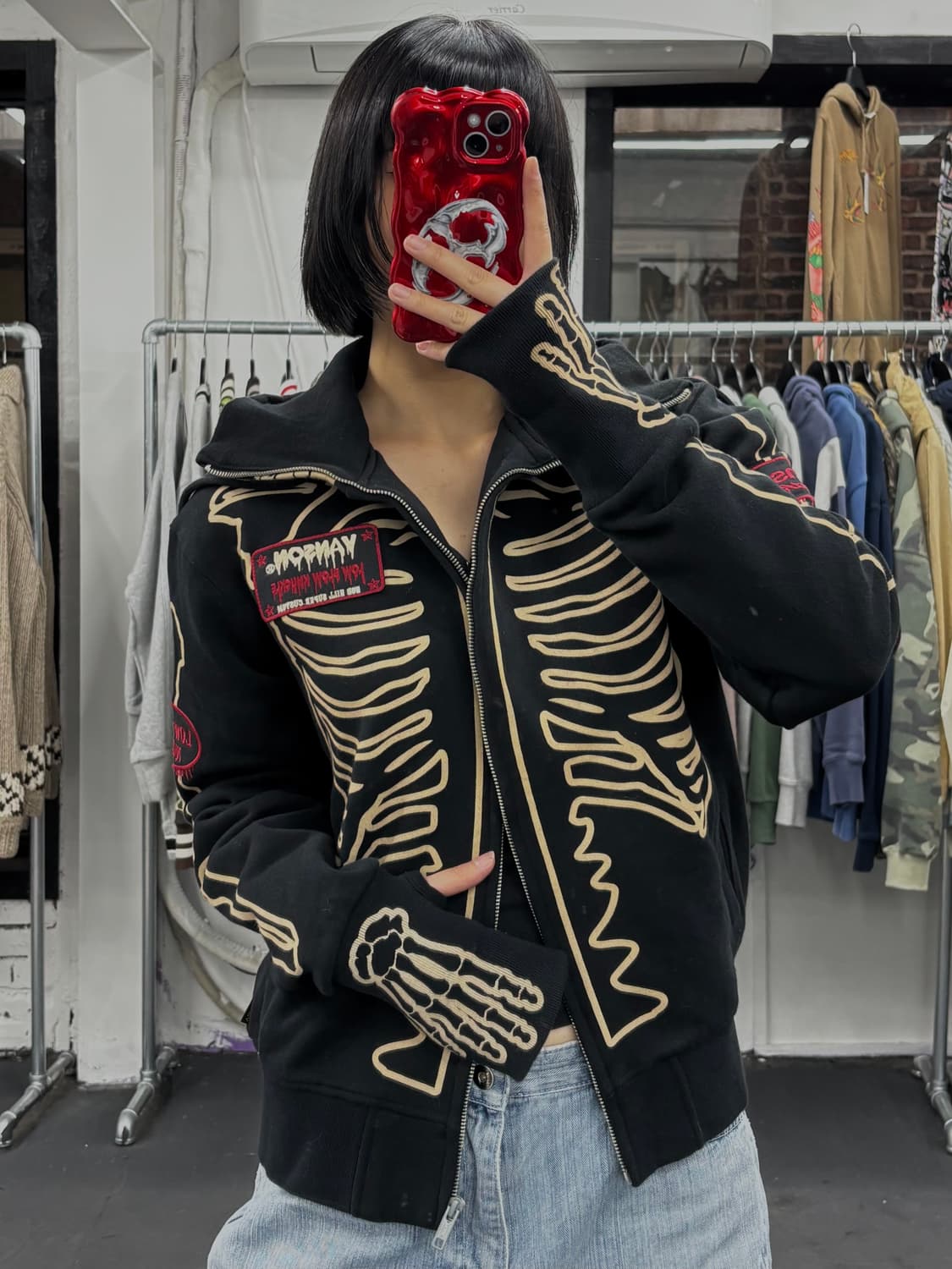 밴슨 레더 X 로우블로우너클 하이넥 스컬 집업 상품이미지2