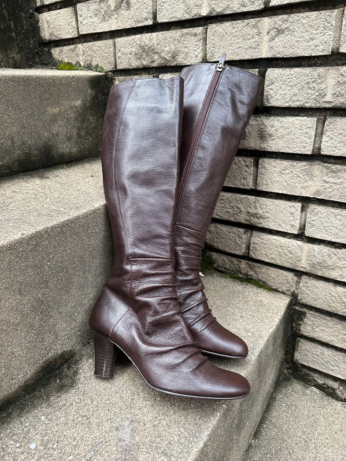 VIntage Brown Shirring Mid-Heel Boots 상품이미지1