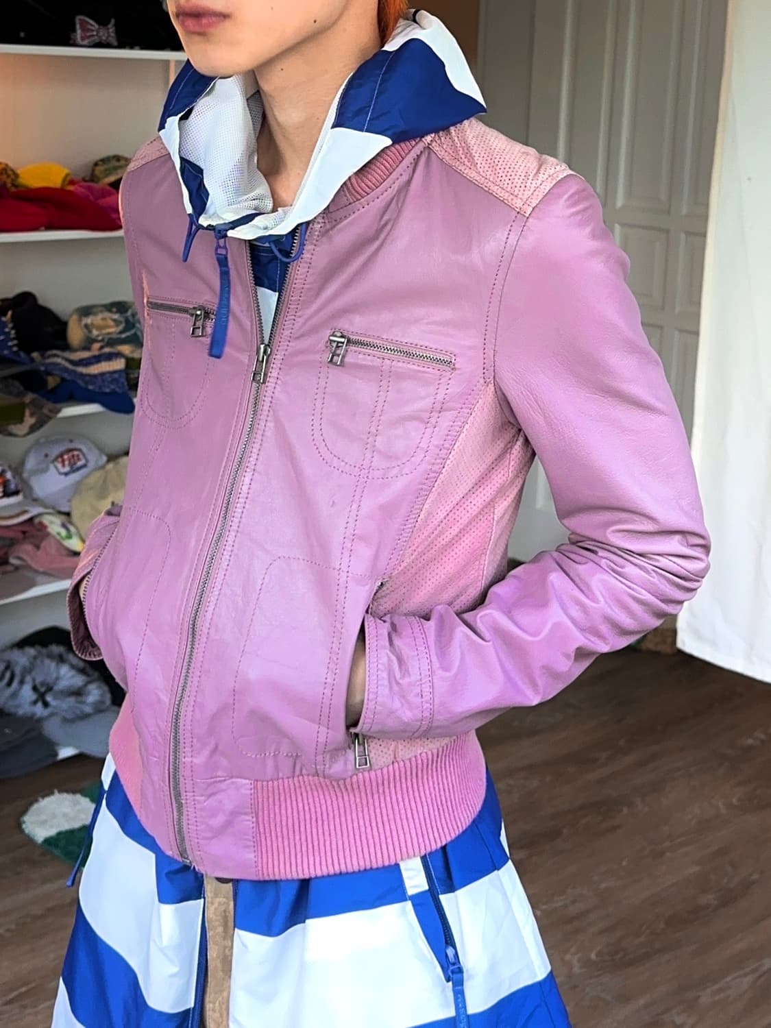 IRF 핑크 레더 모터사이클 자켓 상품이미지5