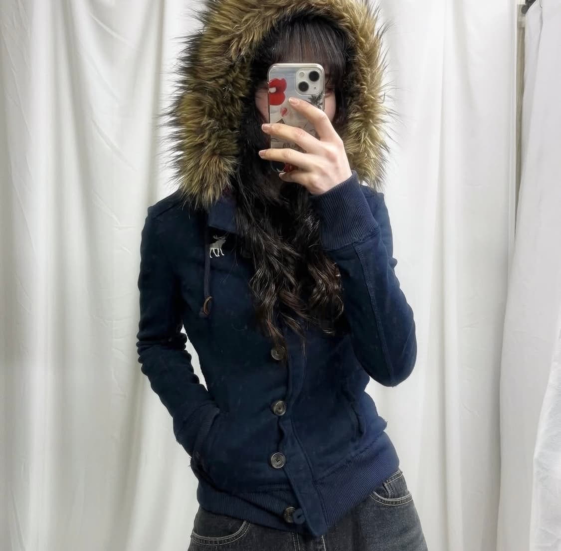 리본빈티지 아베크롬비 네이비 퍼 후드집업 상품이미지1