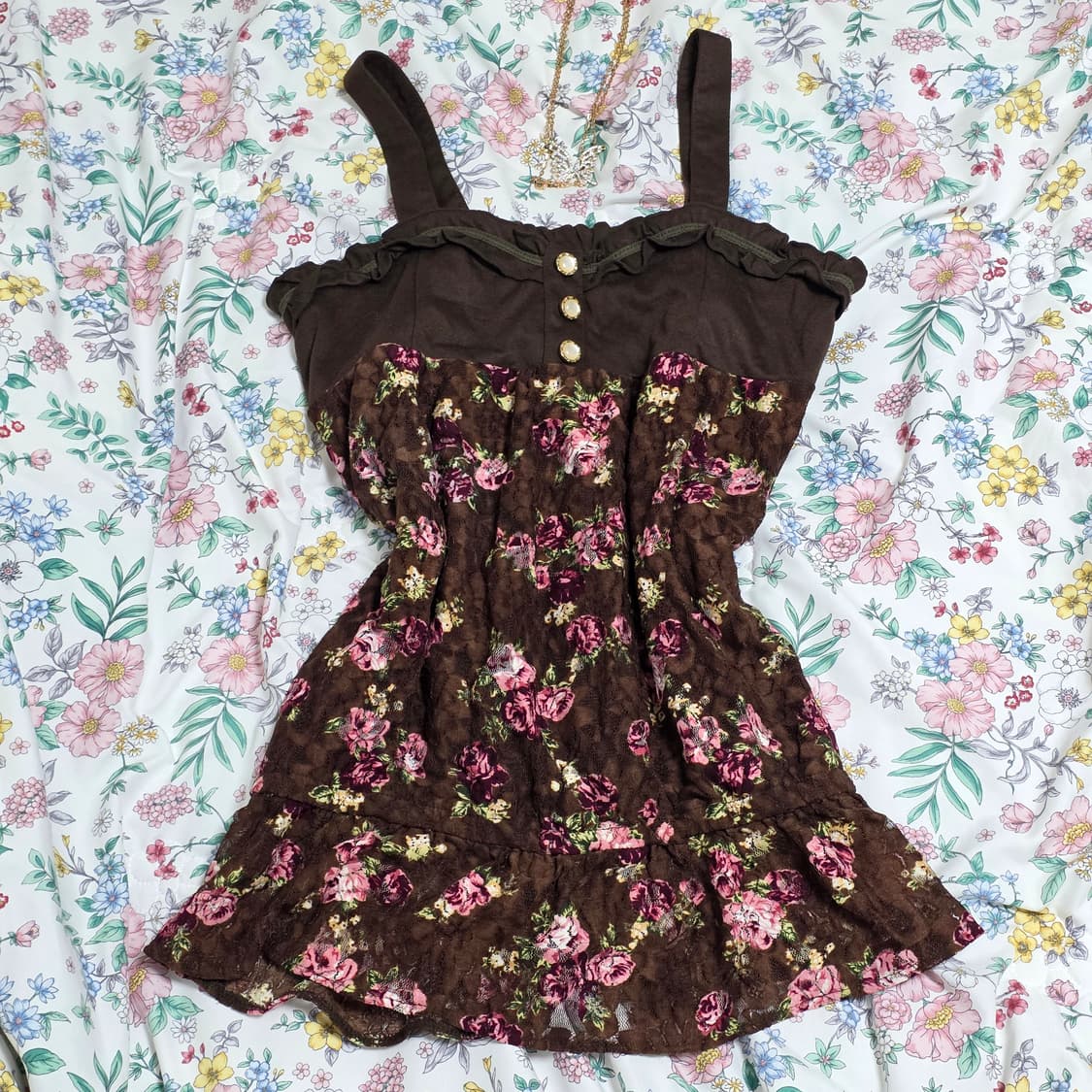 일본빈티지)초코라떼히메갸루st 플로럴 리즈리사깔 레이스 슬리브리스 상품이미지1