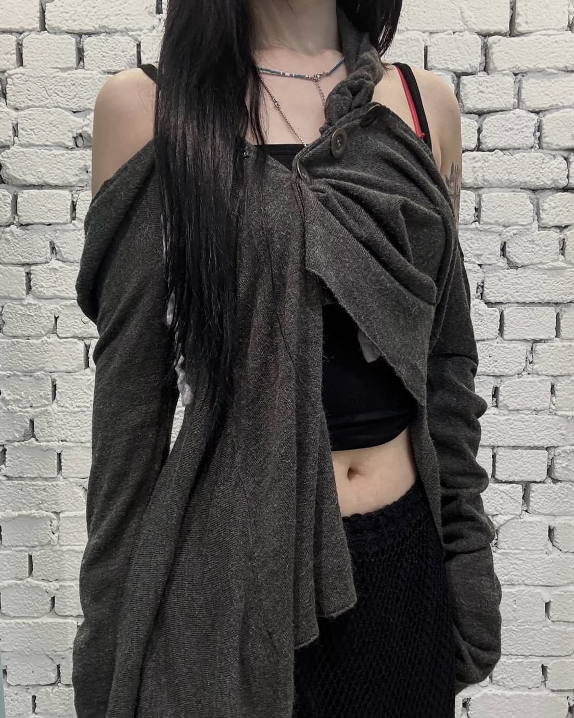 Asymmetric Draped Scarf Layered Knit Top 상품이미지1