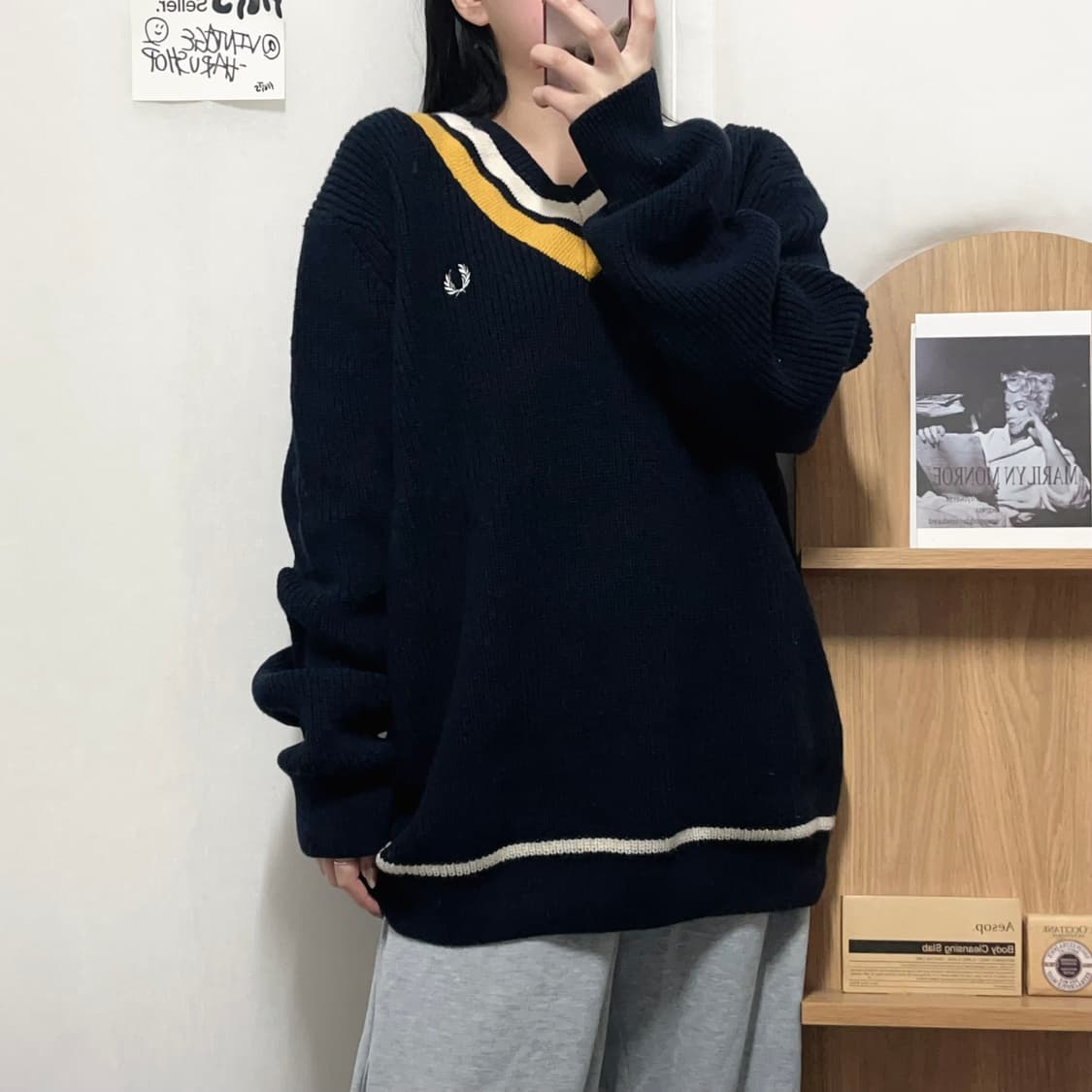 [정품] 프레드페리 블랙 브이넥 빅 두툼 니트 [ XL ] 상품이미지2